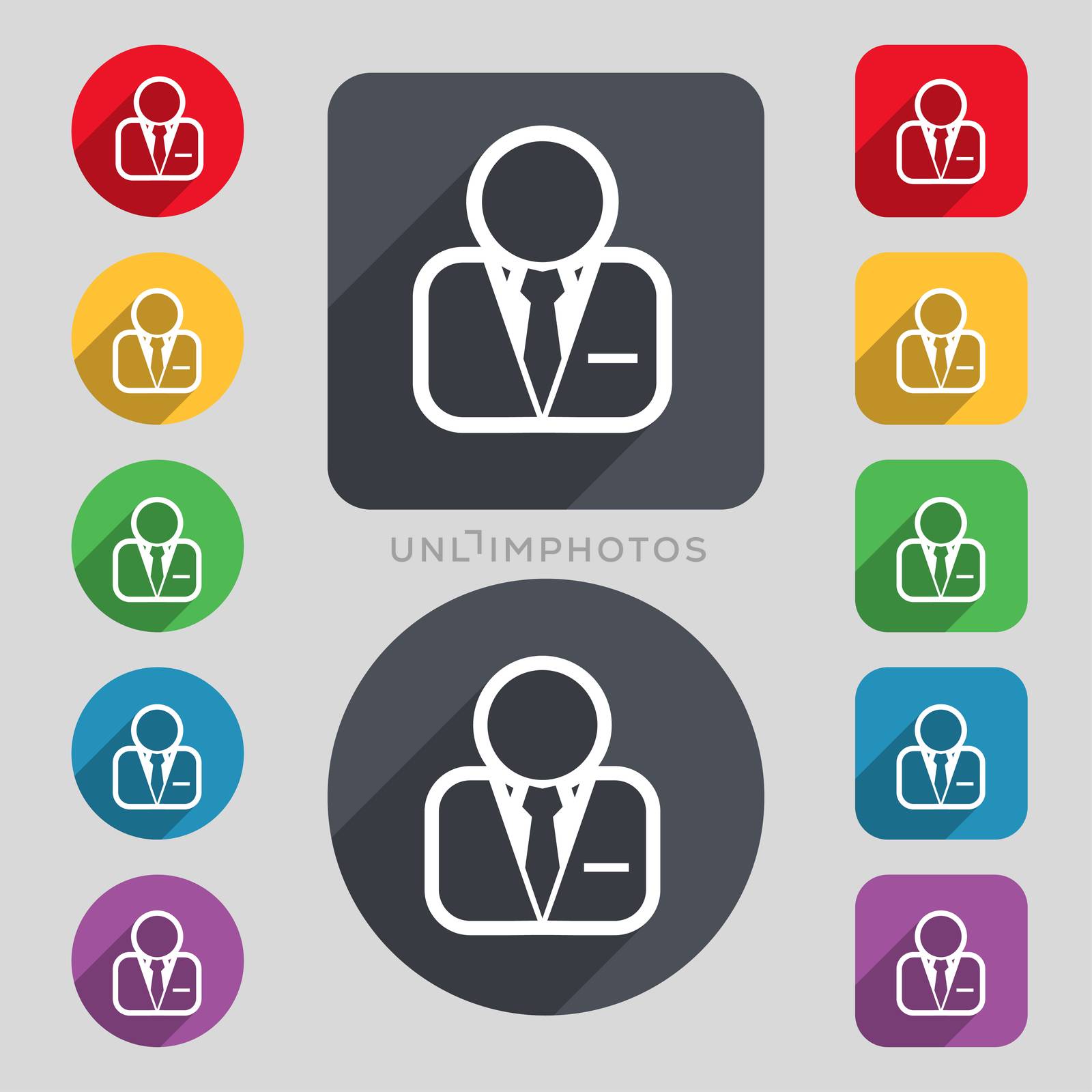 Avatar icon sign. A set of 12 colored buttons and a long shadow. Flat design. illustration