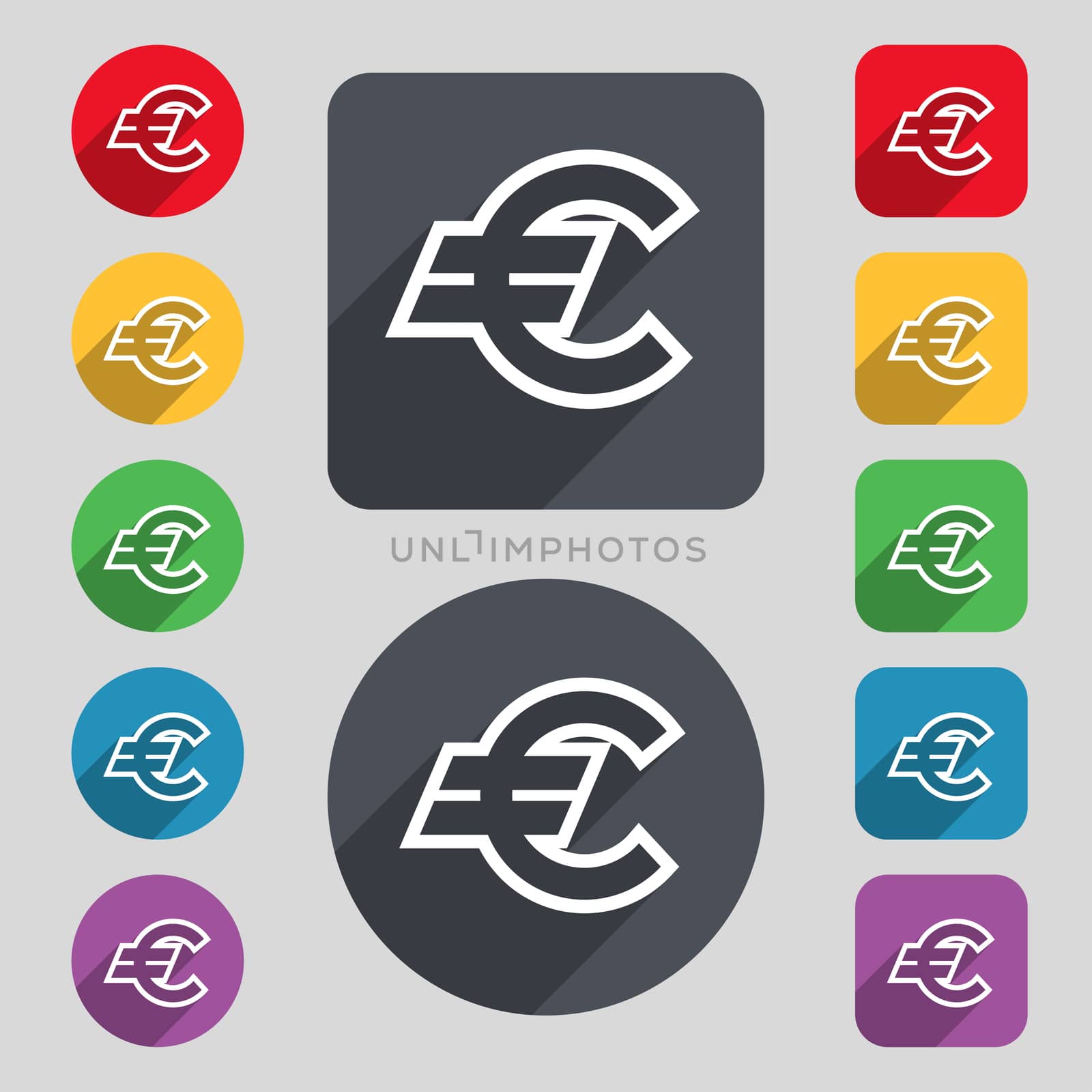Euro EUR icon sign. A set of 12 colored buttons and a long shadow. Flat design. illustration