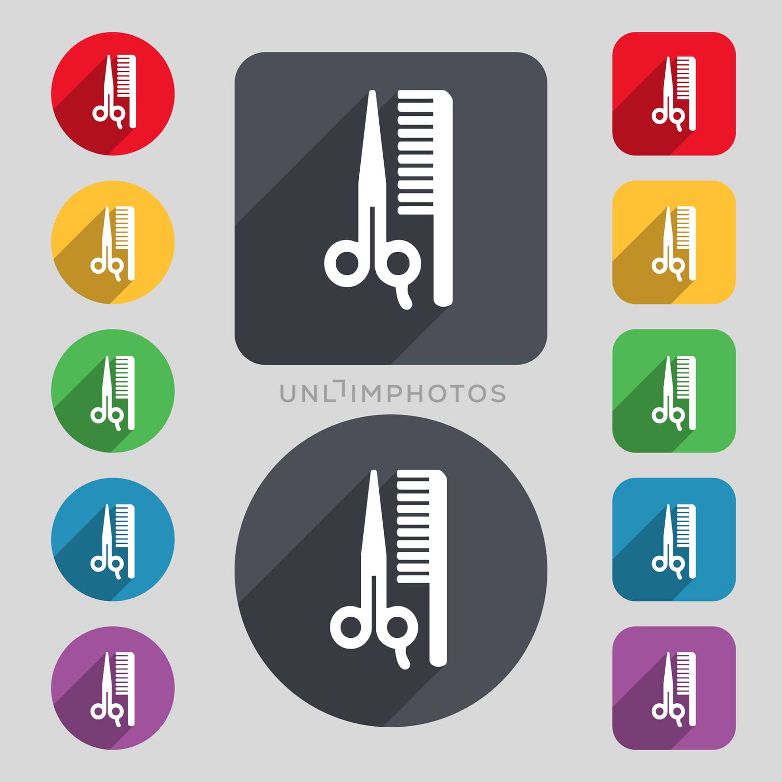 hair icon sign. A set of 12 colored buttons and a long shadow. Flat design.  by serhii_lohvyniuk