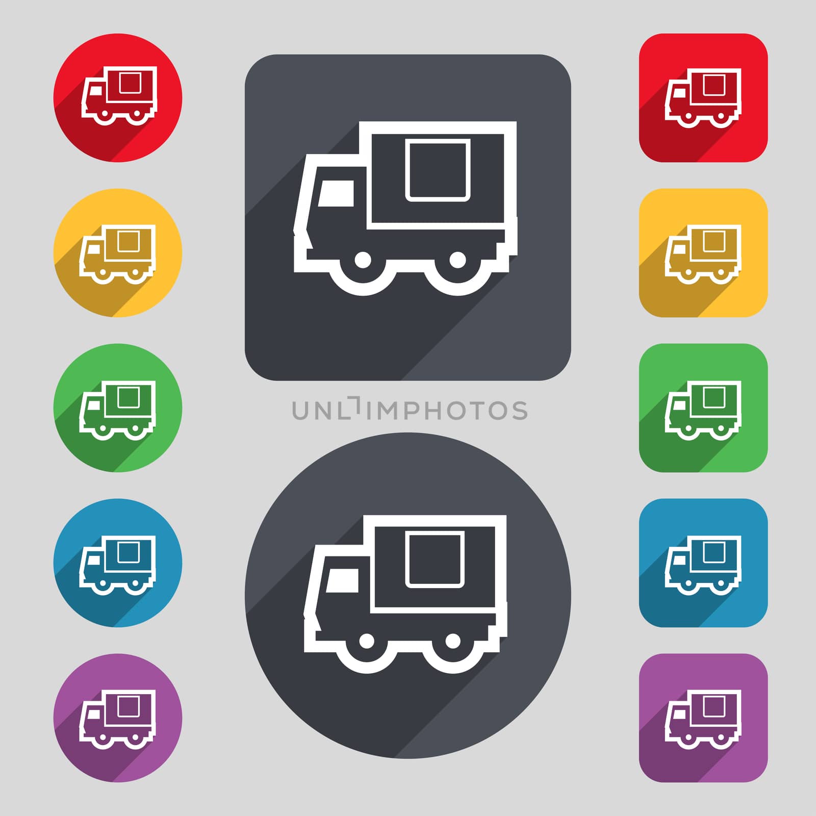 Delivery truck icon sign. A set of 12 colored buttons and a long shadow. Flat design.  by serhii_lohvyniuk