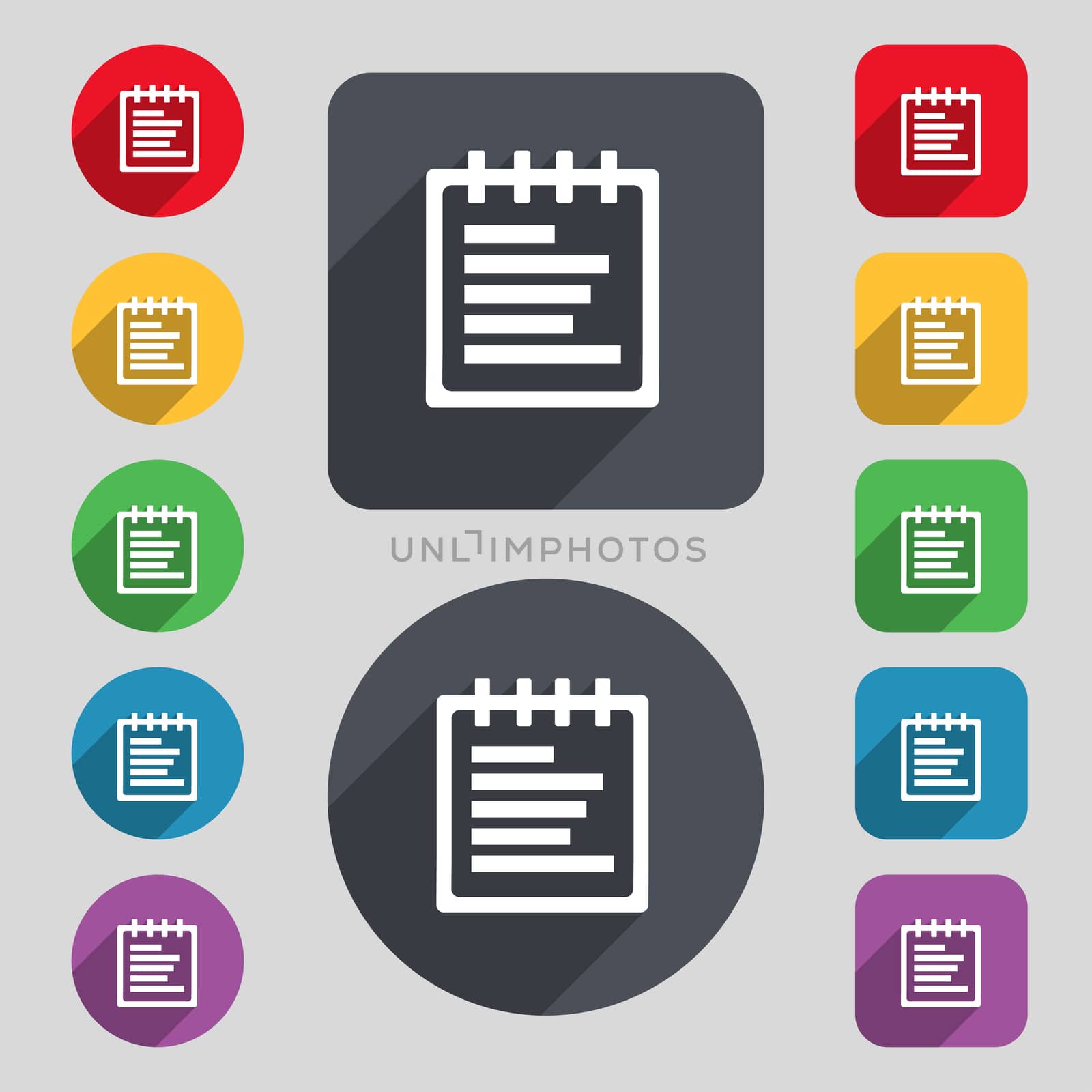 Notepad icon sign. A set of 12 colored buttons and a long shadow. Flat design. illustration