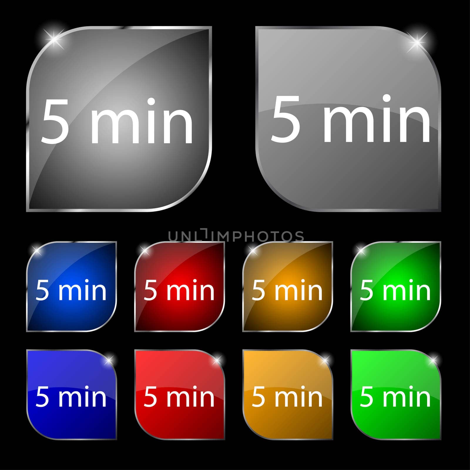 Five minutes sign icon. Set of colored buttons.  by serhii_lohvyniuk