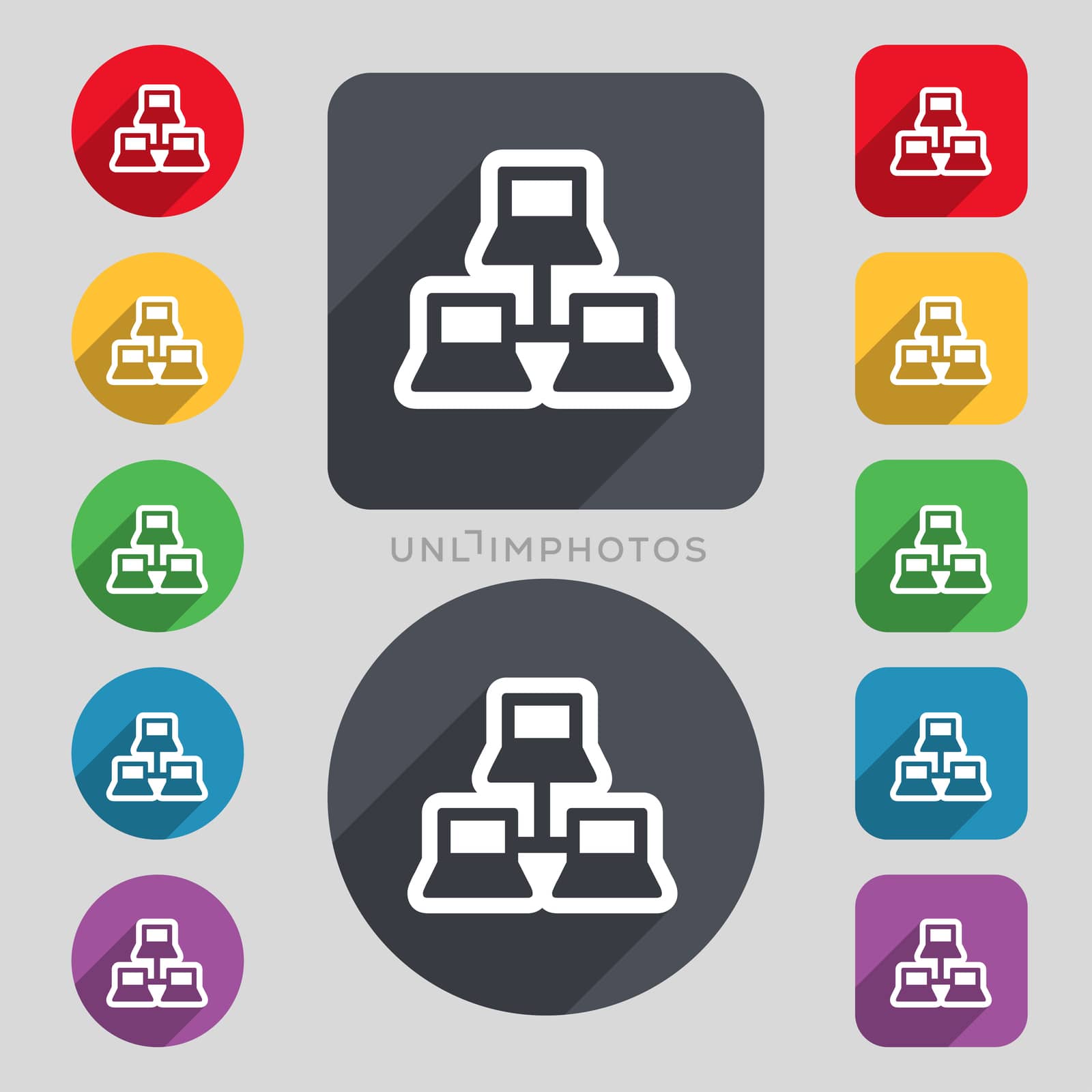 local area network icon sign. A set of 12 colored buttons and a long shadow. Flat design.  by serhii_lohvyniuk