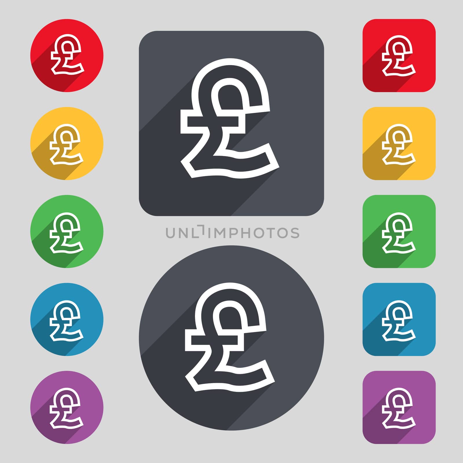 Pound Sterling icon sign. A set of 12 colored buttons and a long shadow. Flat design. illustration