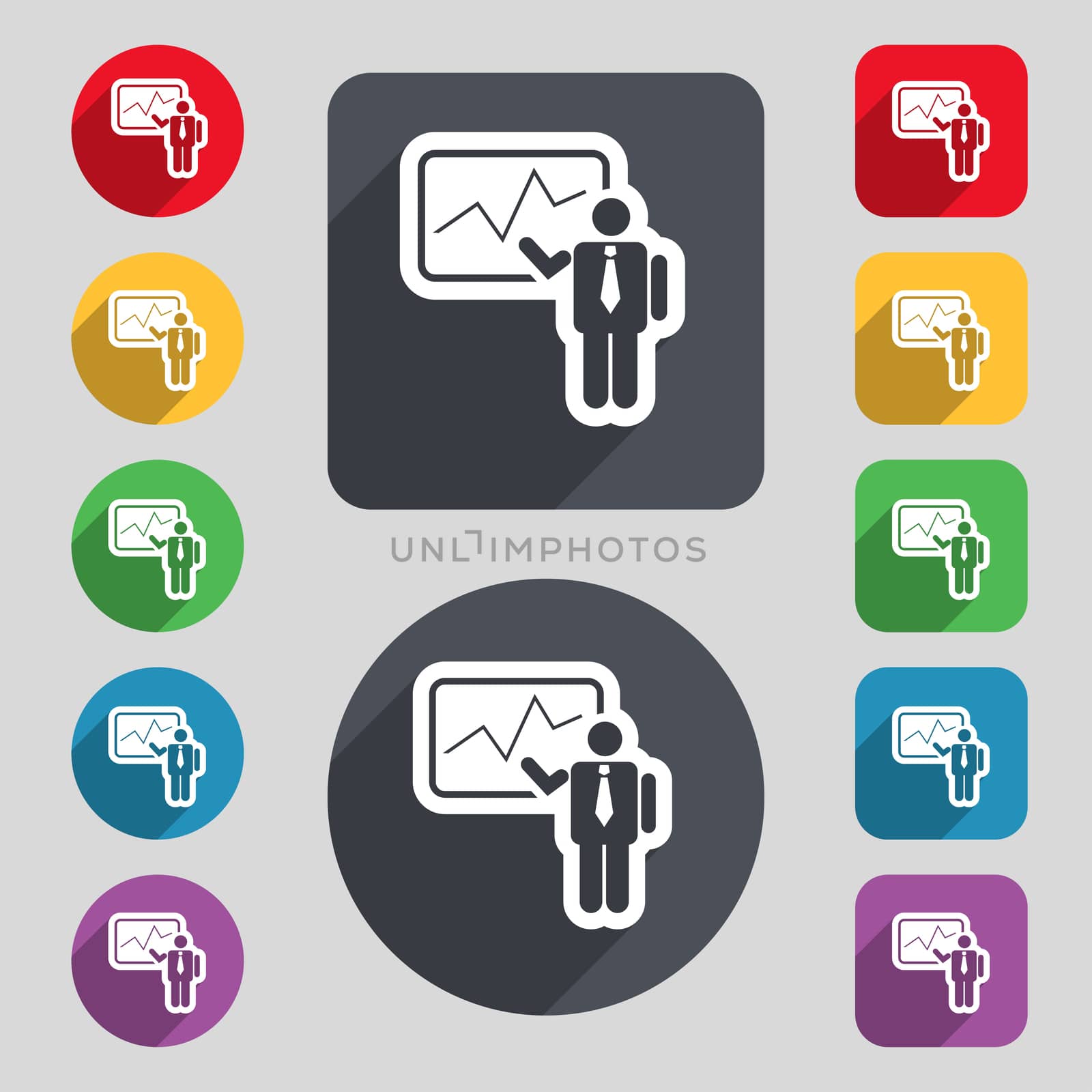 businessman making report icon sign. A set of 12 colored buttons and a long shadow. Flat design.  by serhii_lohvyniuk