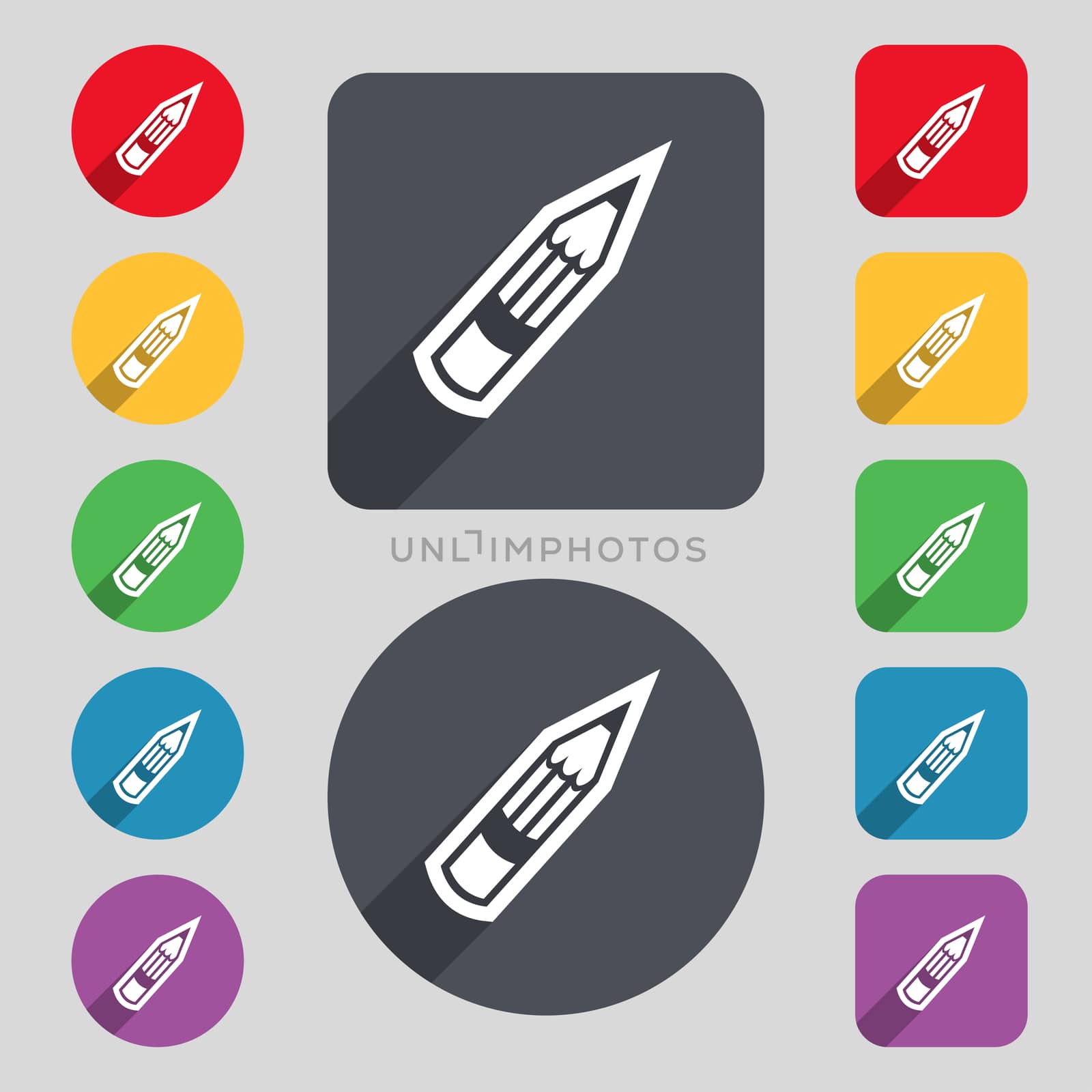 Pencil icon sign. A set of 12 colored buttons and a long shadow. Flat design. illustration