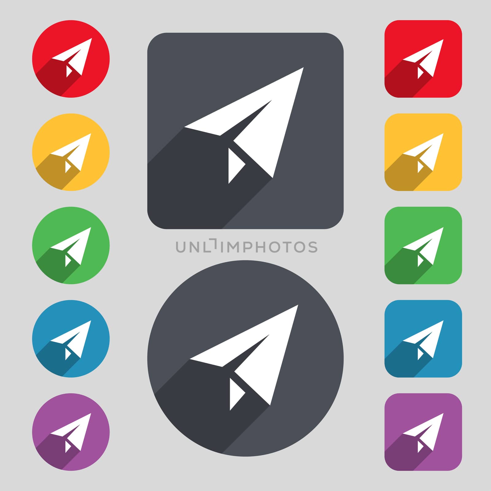Paper airplane icon sign. A set of 12 colored buttons and a long shadow. Flat design. illustration