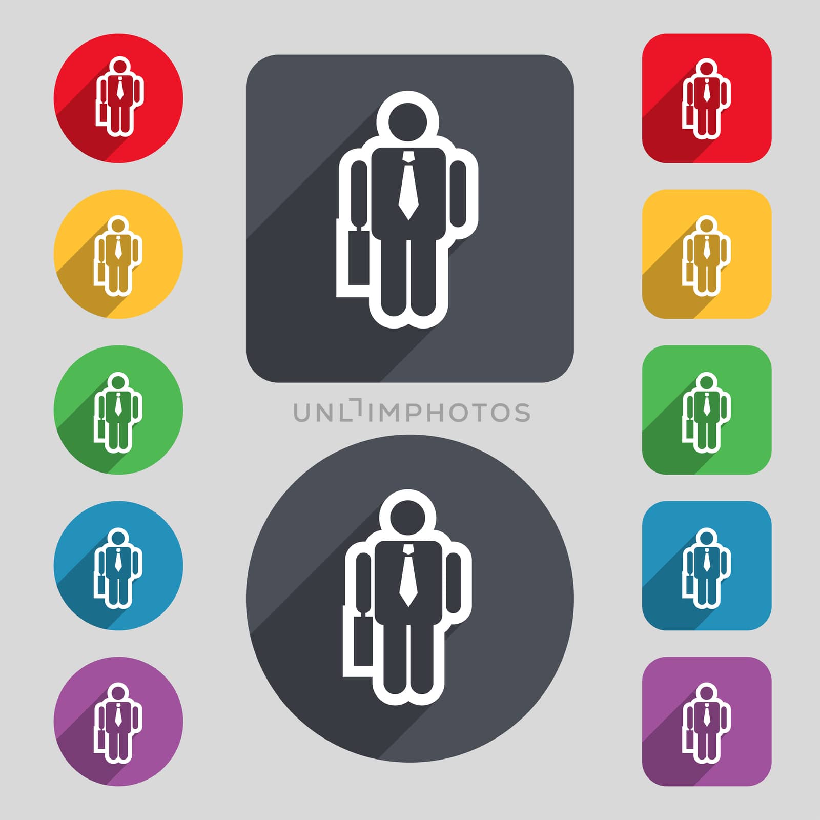 businessman icon sign. A set of 12 colored buttons and a long shadow. Flat design. illustration