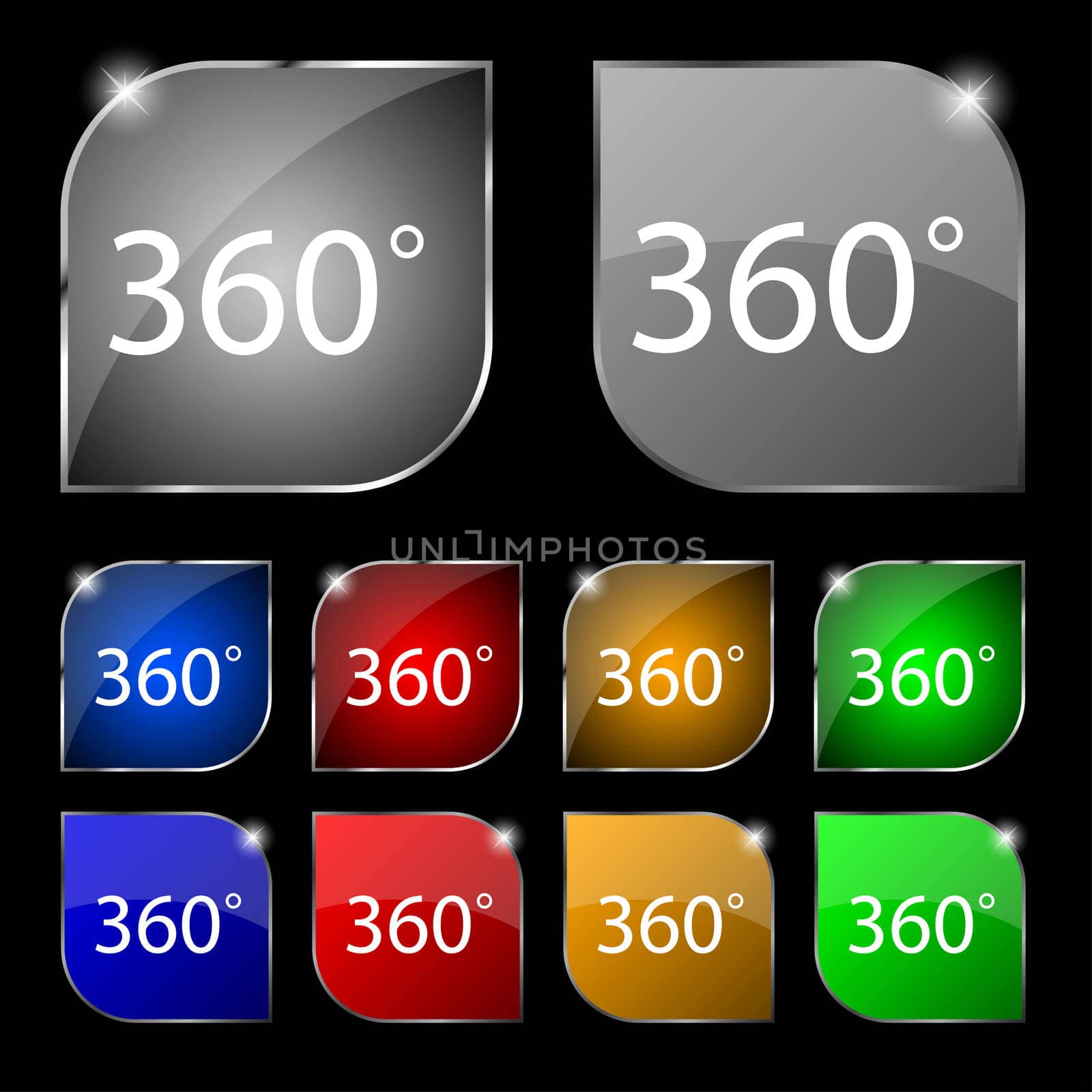 Angle 360 degrees sign icon. Geometry math symbol. Full rotation. Set of colored buttons. illustration