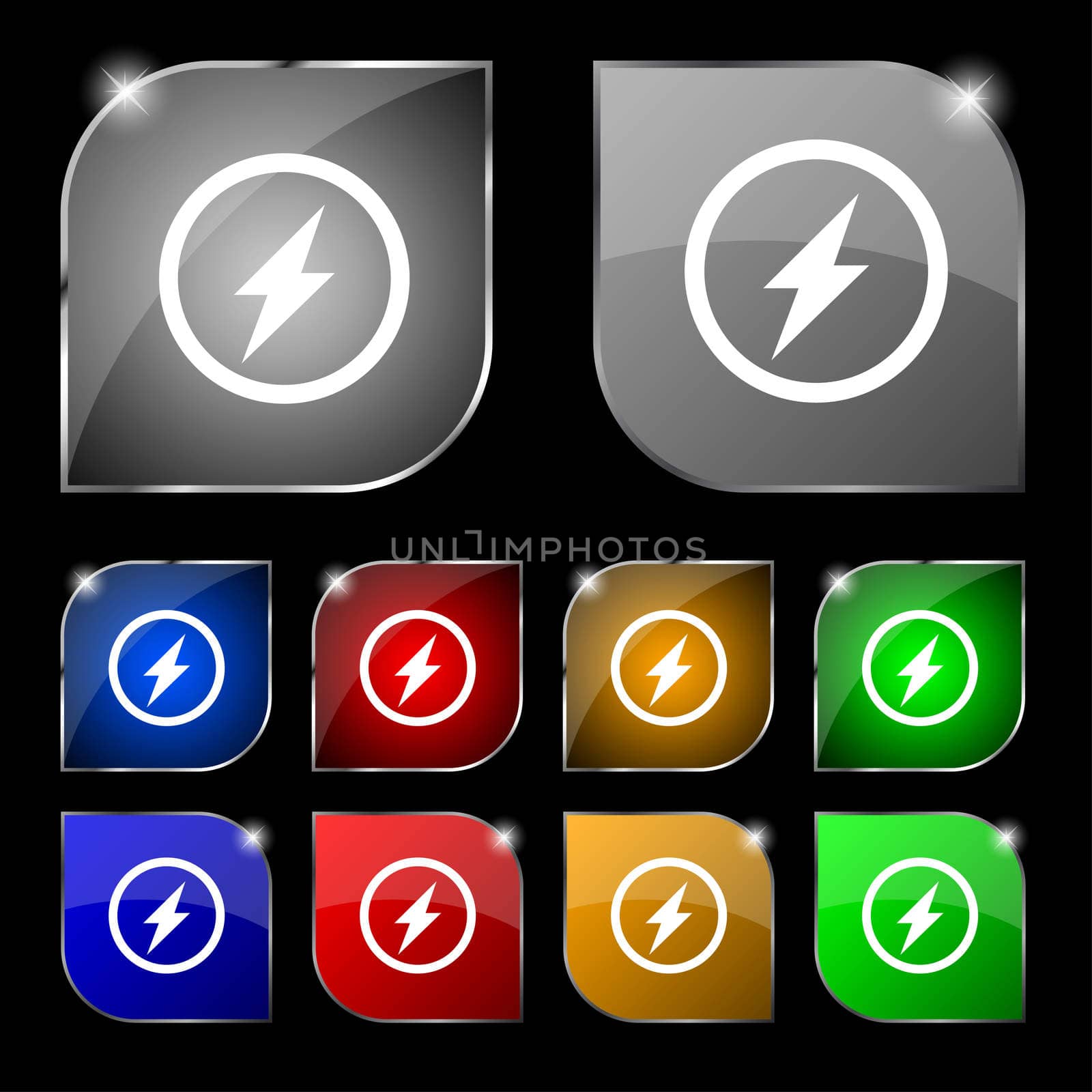 Photo flash sign icon. Lightning symbol. Set of colour buttons. illustration