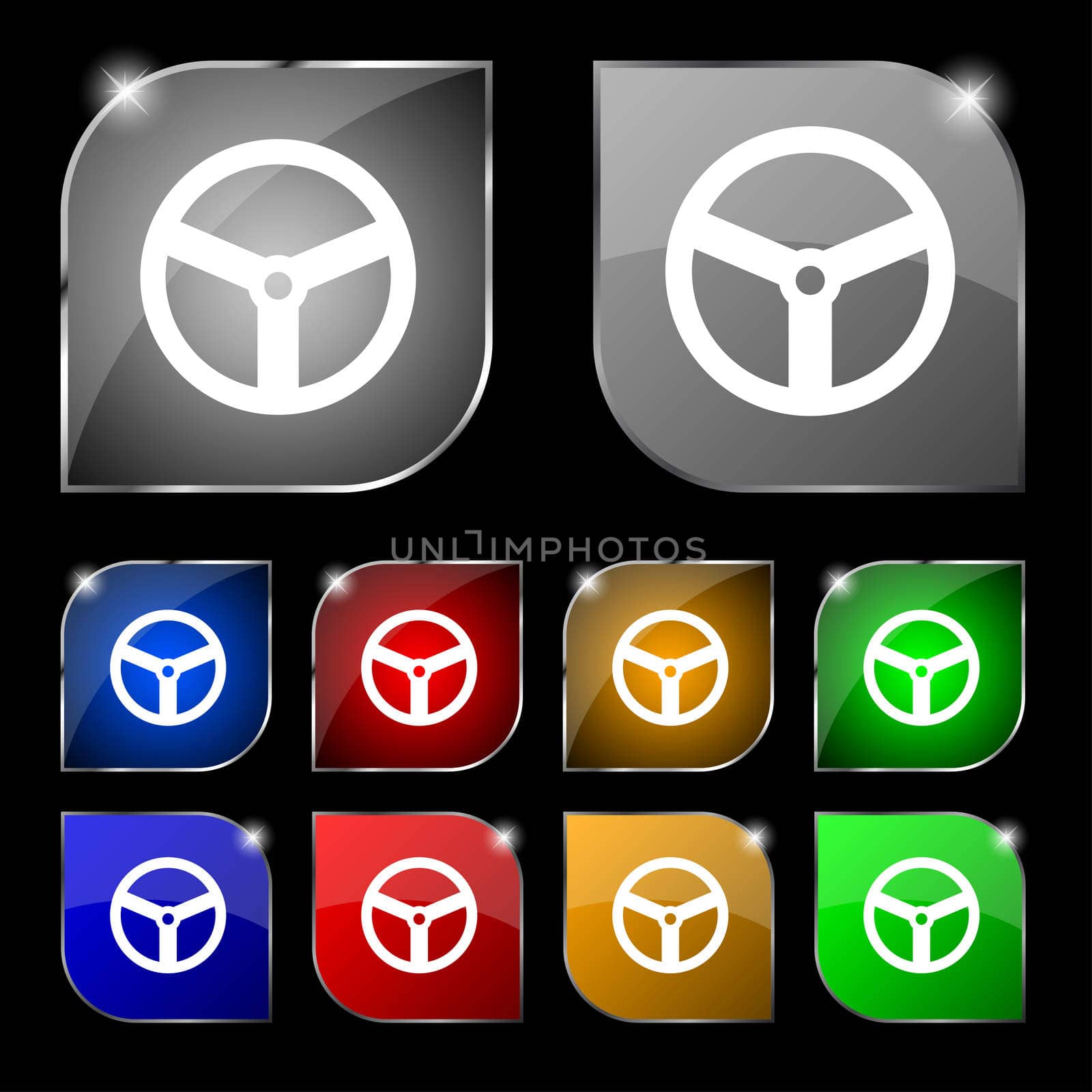 Steering wheel icon sign. Set of ten colorful buttons with glare. illustration