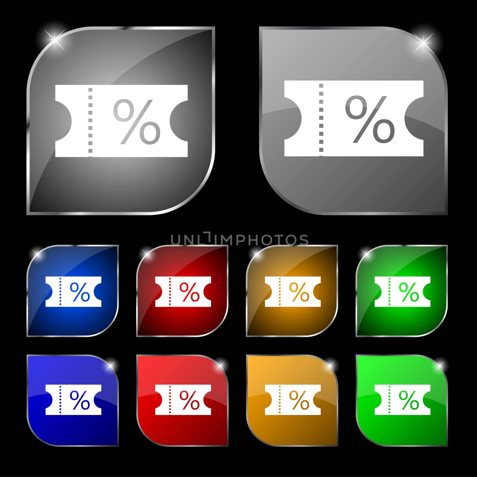 ticket discount icon sign. Set of ten colorful buttons with glare. illustration