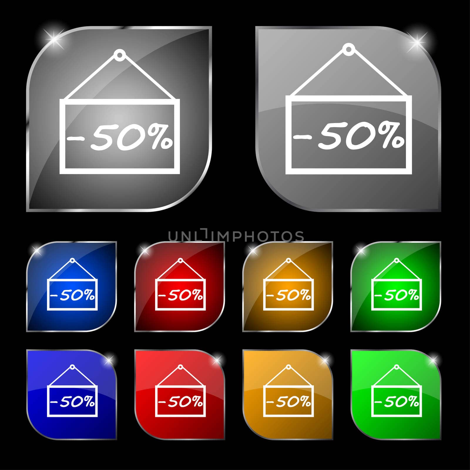 50 discount icon sign. Set of ten colorful buttons with glare. illustration