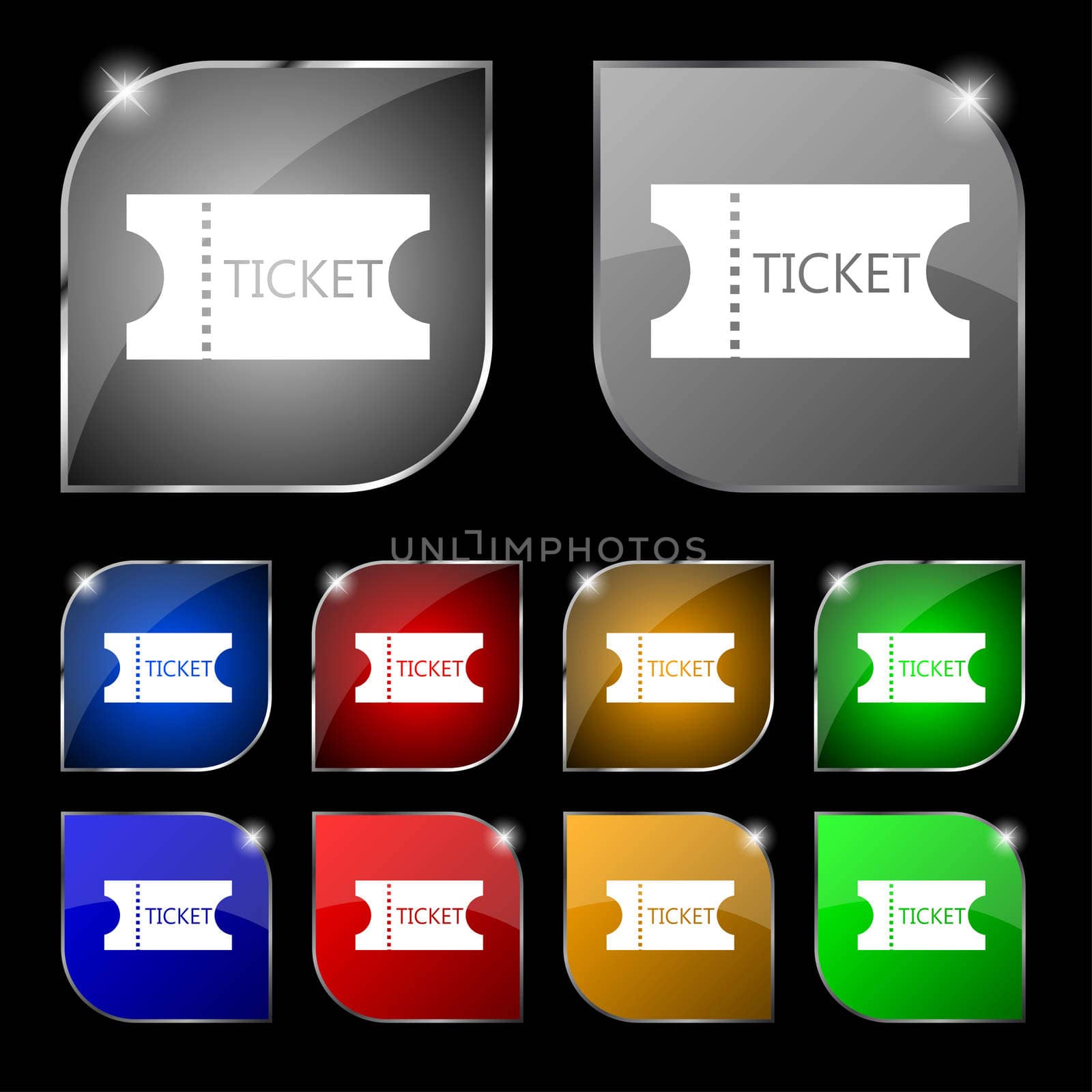 ticket icon sign. Set of ten colorful buttons with glare. illustration