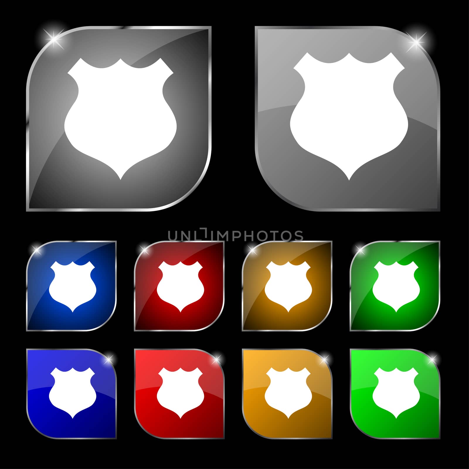 shield icon sign. Set of ten colorful buttons with glare. illustration
