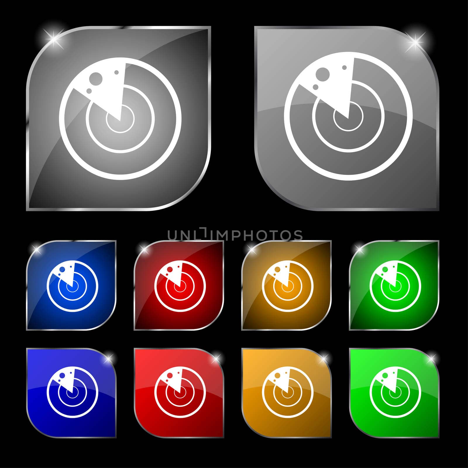 radar icon sign. Set of ten colorful buttons with glare.  by serhii_lohvyniuk