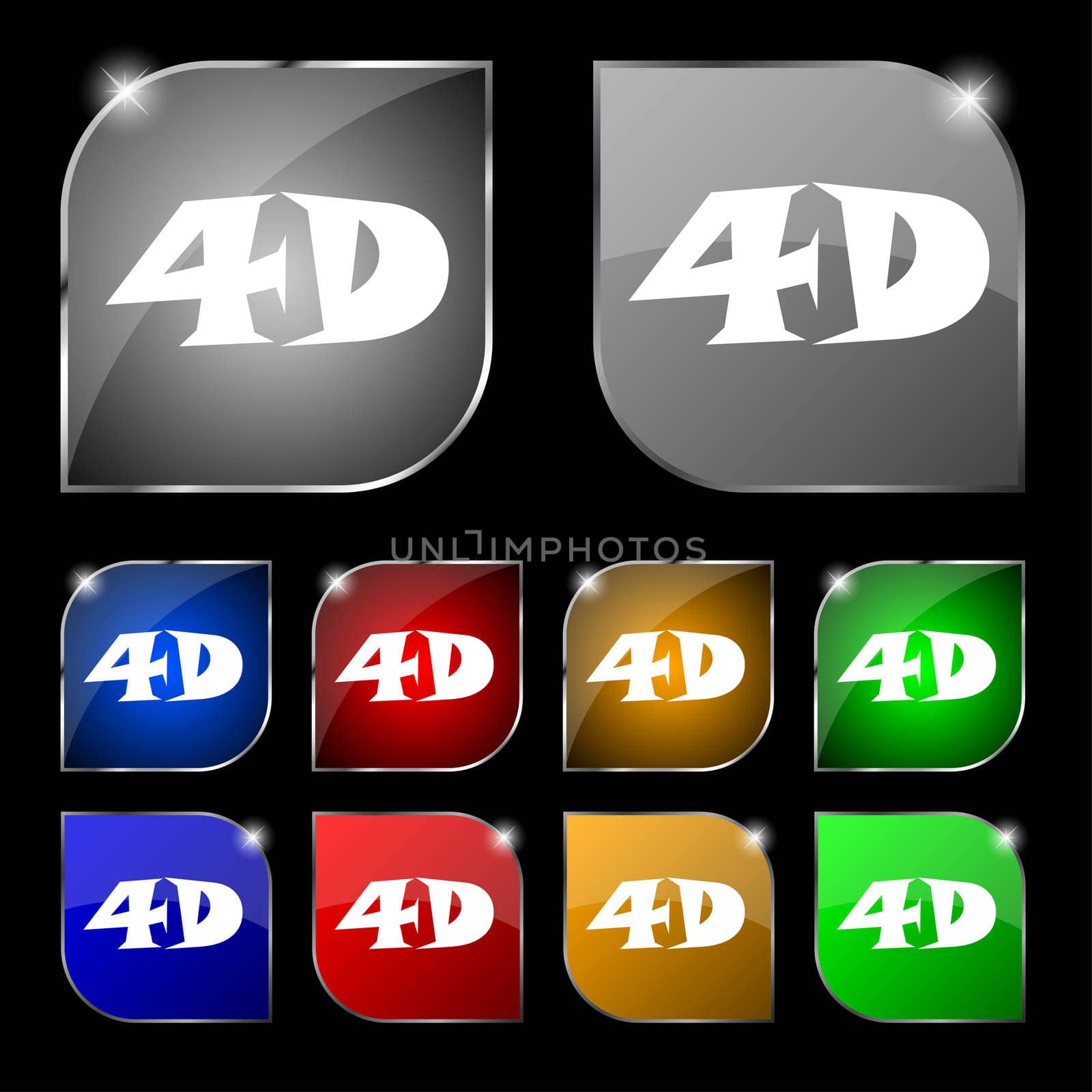 4D sign icon. 4D New technology symbol. Set of colour buttons. illustration