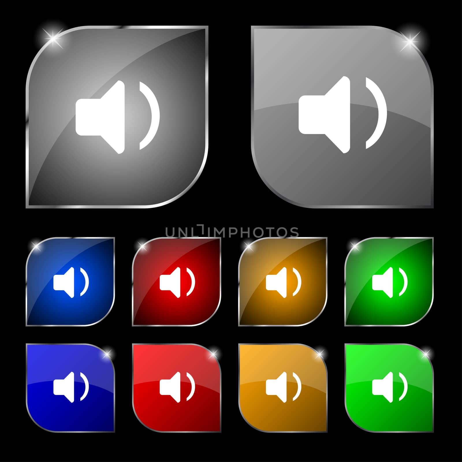 Speaker volume, Sound icon sign. Set of ten colorful buttons with glare. illustration