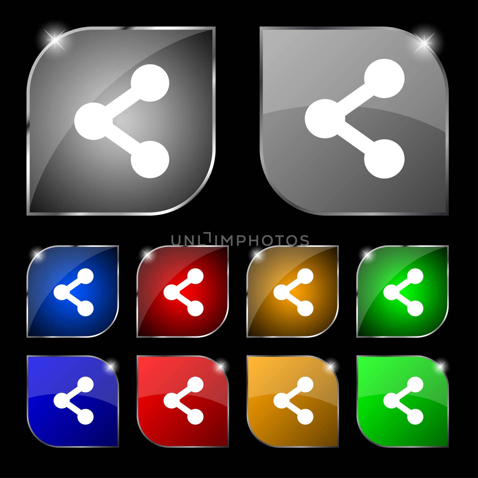 Share icon sign. Set of ten colorful buttons with glare. illustration