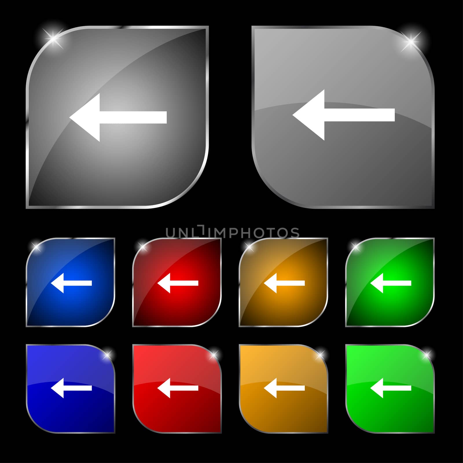 Arrow left, Way out icon sign. Set of ten colorful buttons with glare.  by serhii_lohvyniuk