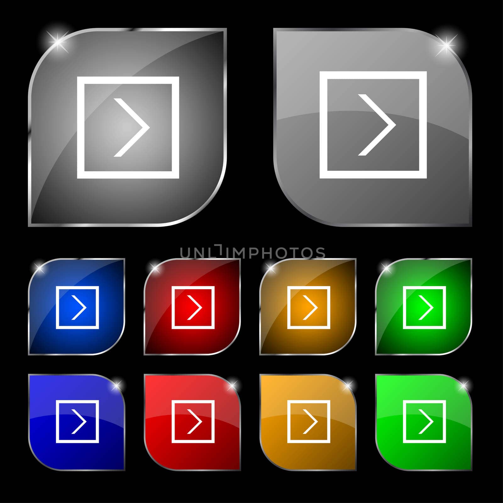 Arrow right, Next icon sign. Set of ten colorful buttons with glare. illustration