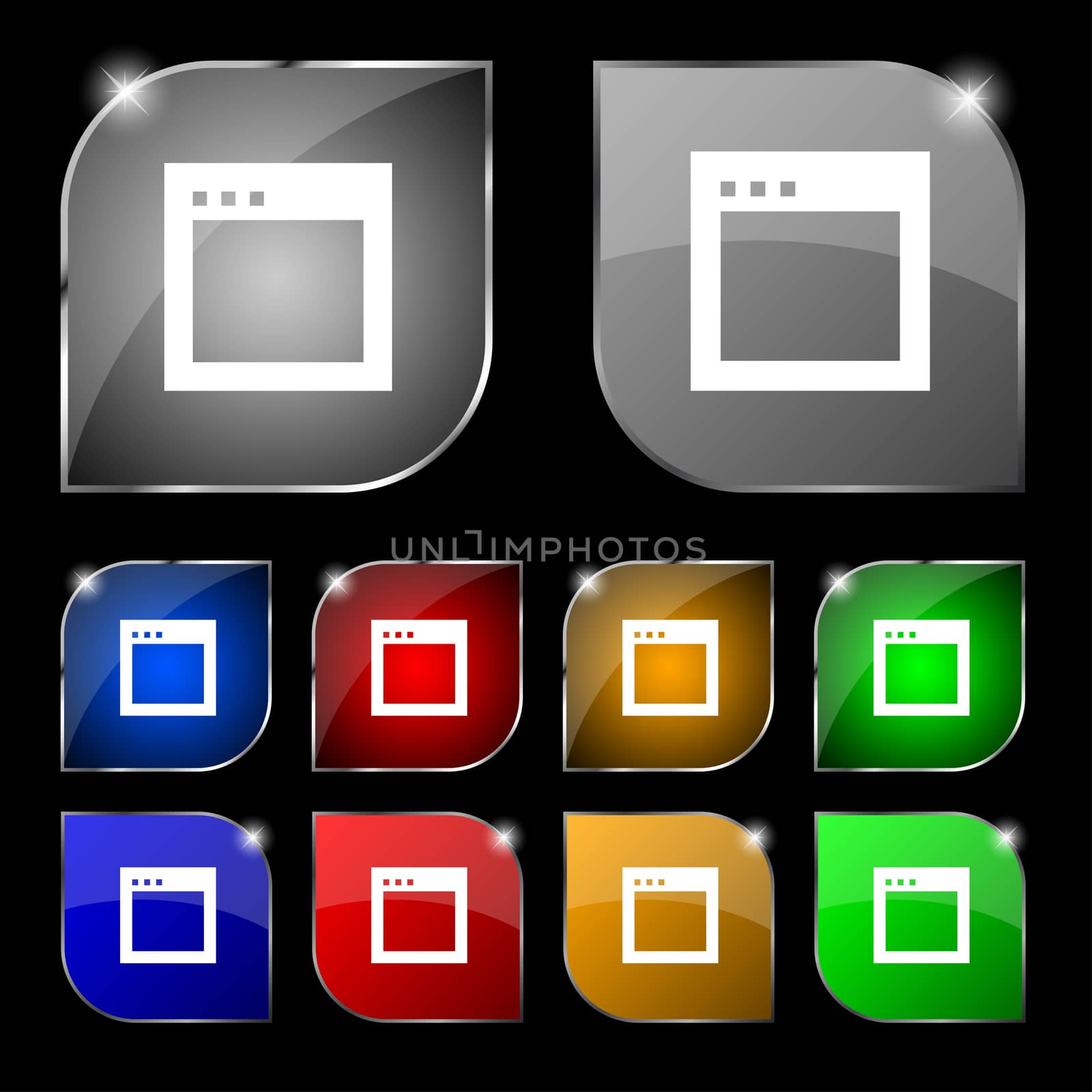 Simple Browser window icon sign. Set of ten colorful buttons with glare.  by serhii_lohvyniuk