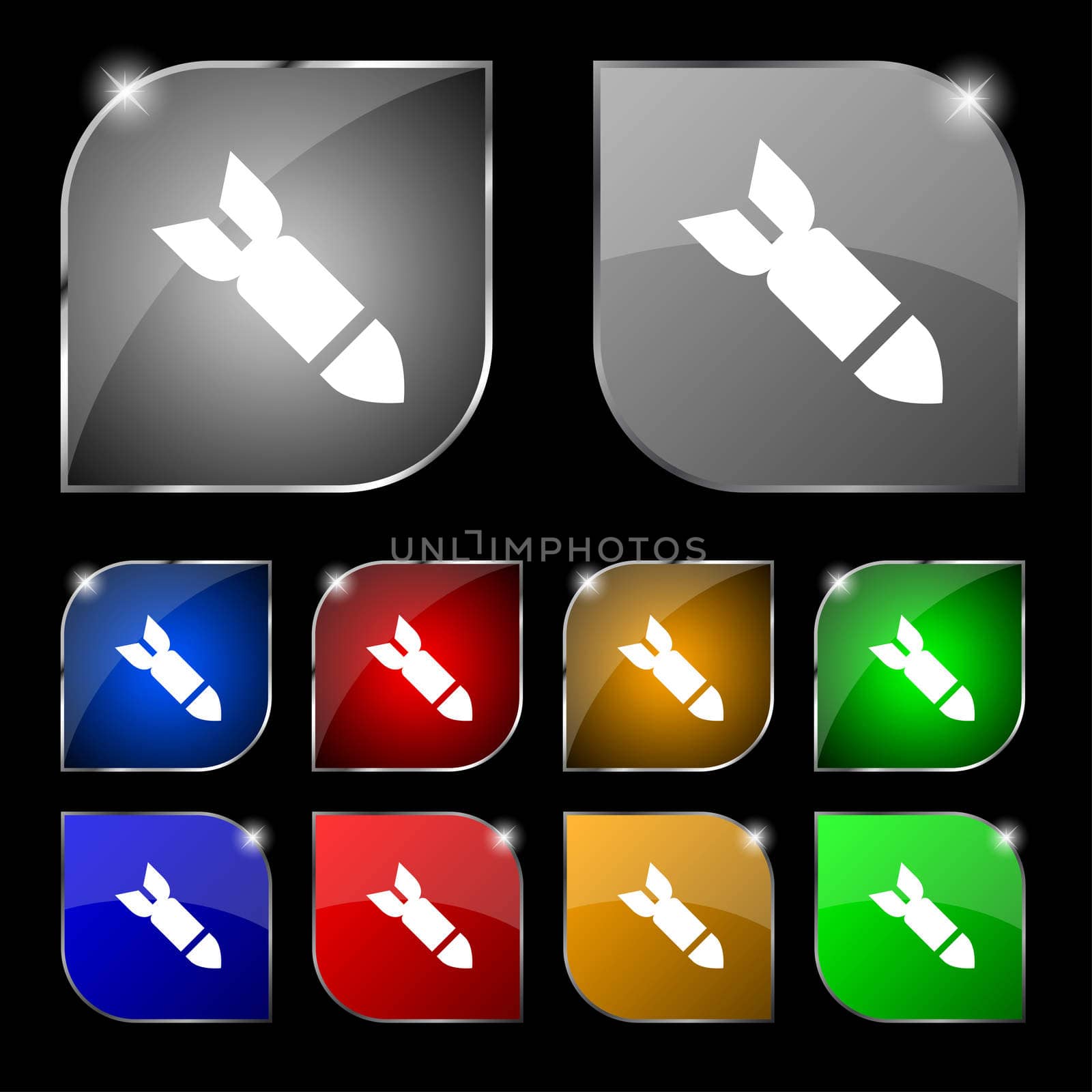 Missile,Rocket weapon icon sign. Set of ten colorful buttons with glare.  by serhii_lohvyniuk