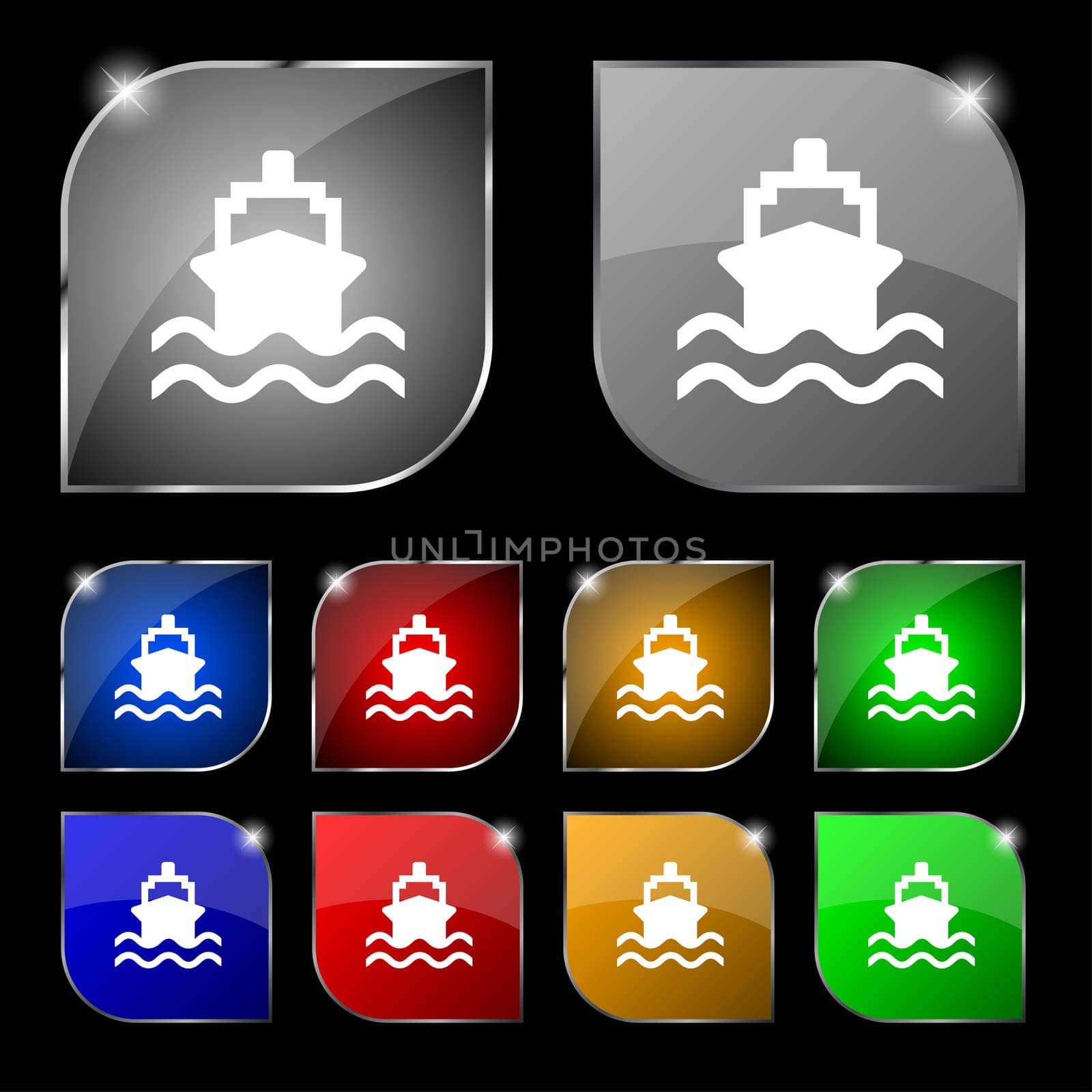 ship icon sign. Set of ten colorful buttons with glare. illustration