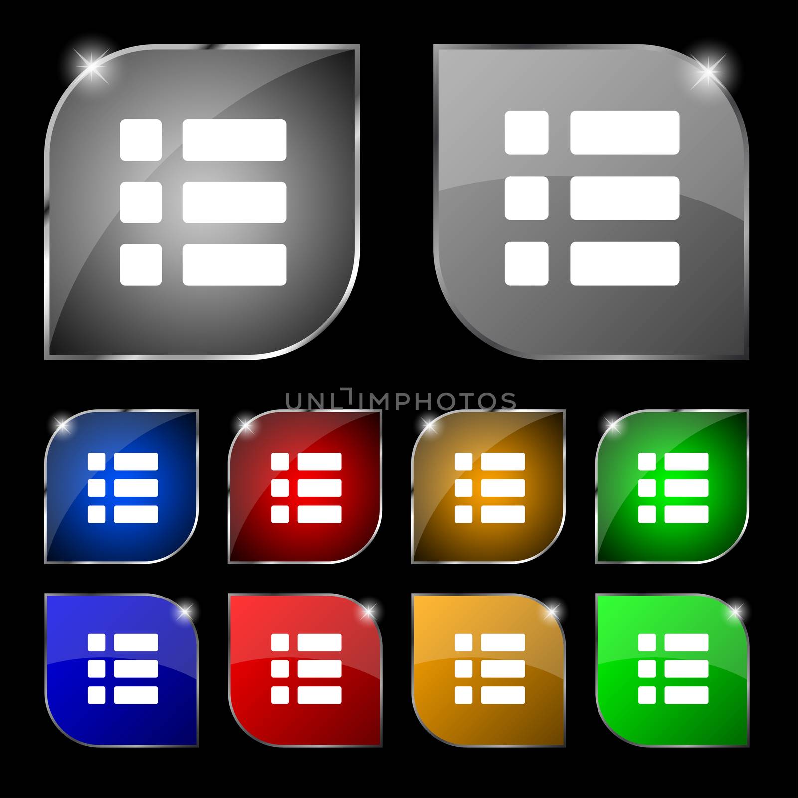 List menu, Content view options icon sign. Set of ten colorful buttons with glare.  by serhii_lohvyniuk