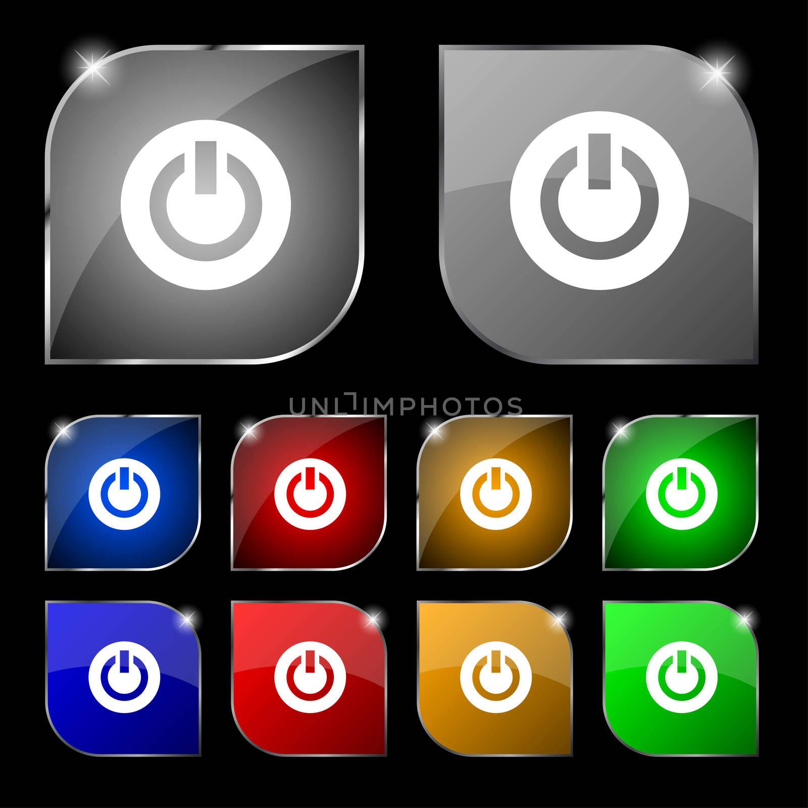 Power, Switch on, Turn on icon sign. Set of ten colorful buttons with glare. illustration