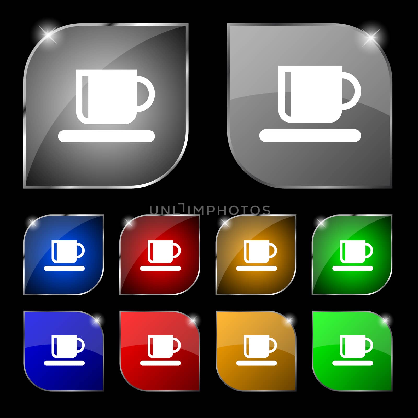 Coffee cup icon sign. Set of ten colorful buttons with glare.  by serhii_lohvyniuk