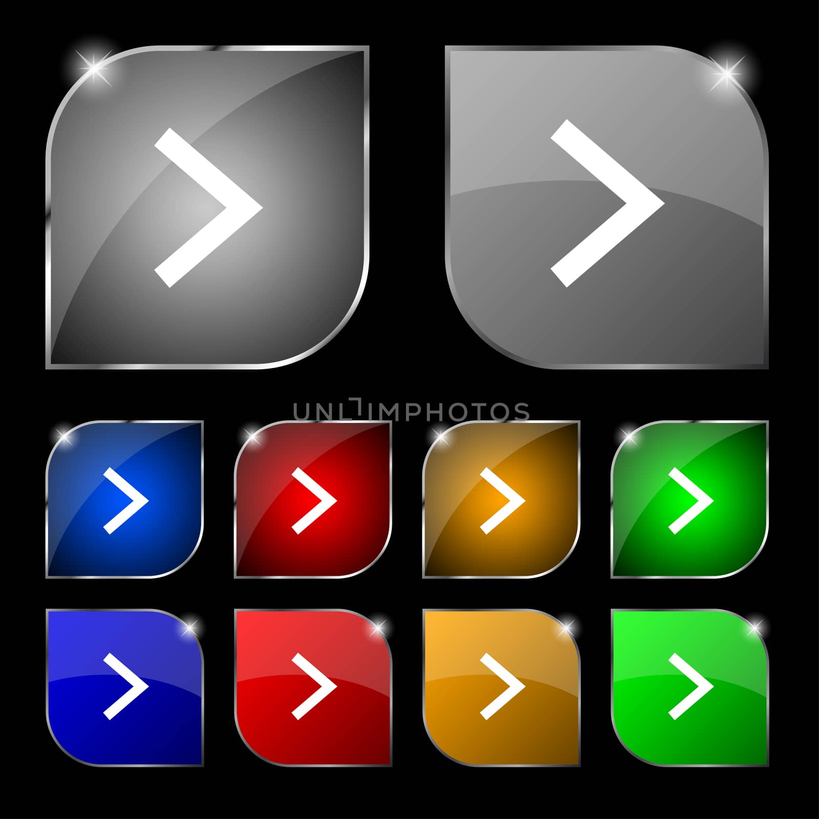 Arrow right, Next icon sign. Set of ten colorful buttons with glare. illustration