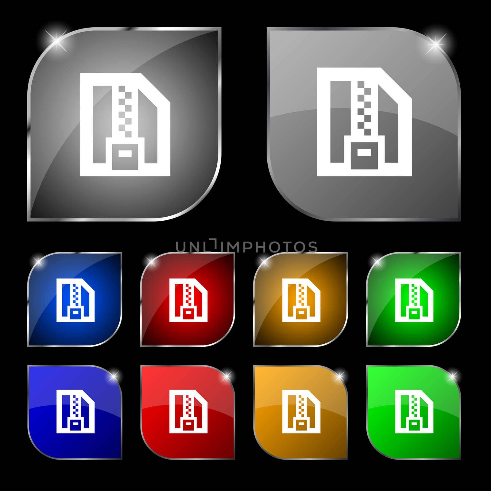 Archive file, Download compressed, ZIP zipped icon sign. Set of ten colorful buttons with glare.  by serhii_lohvyniuk