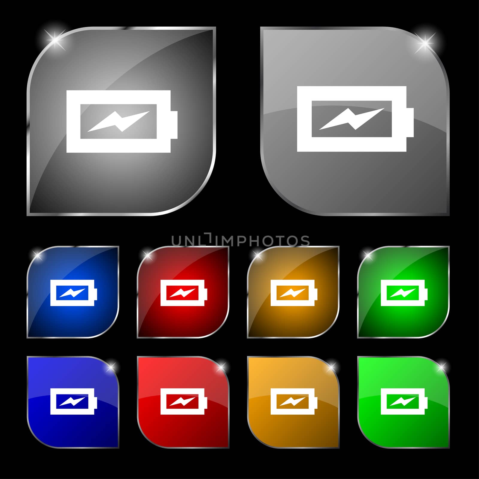 Battery charging icon sign. Set of ten colorful buttons with glare. illustration