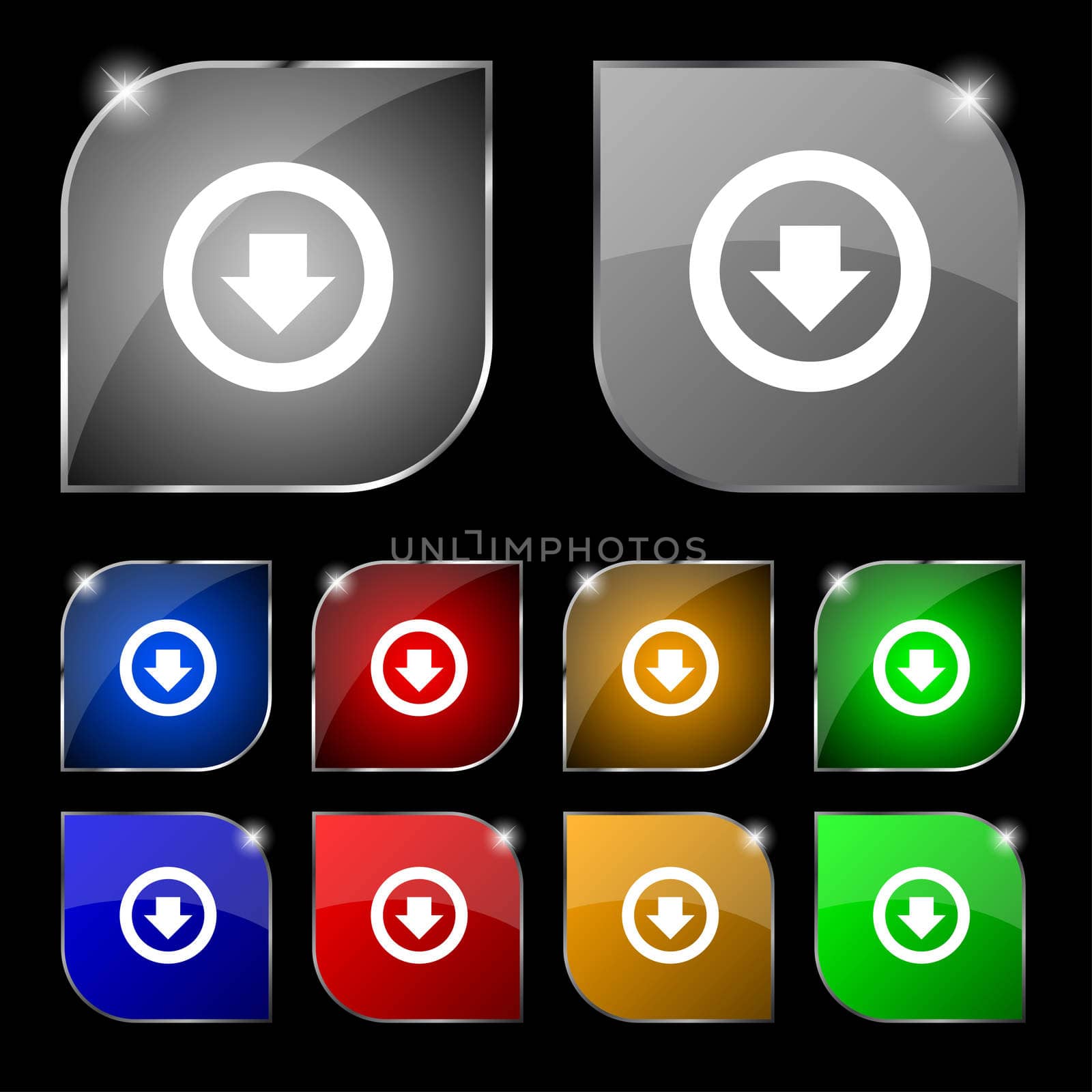 Arrow down, Download, Load, Backup icon sign. Set of ten colorful buttons with glare. illustration