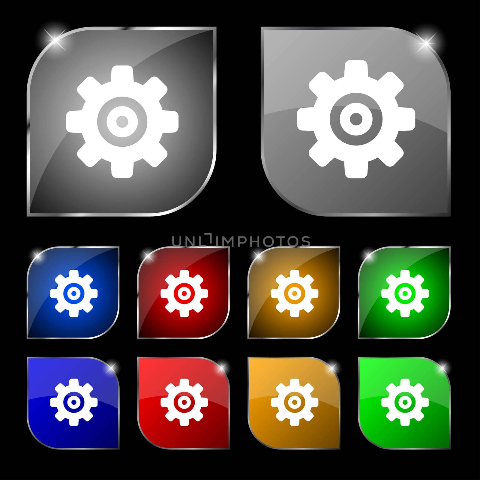 Cog settings, Cogwheel gear mechanism icon sign. Set of ten colorful buttons with glare. illustration