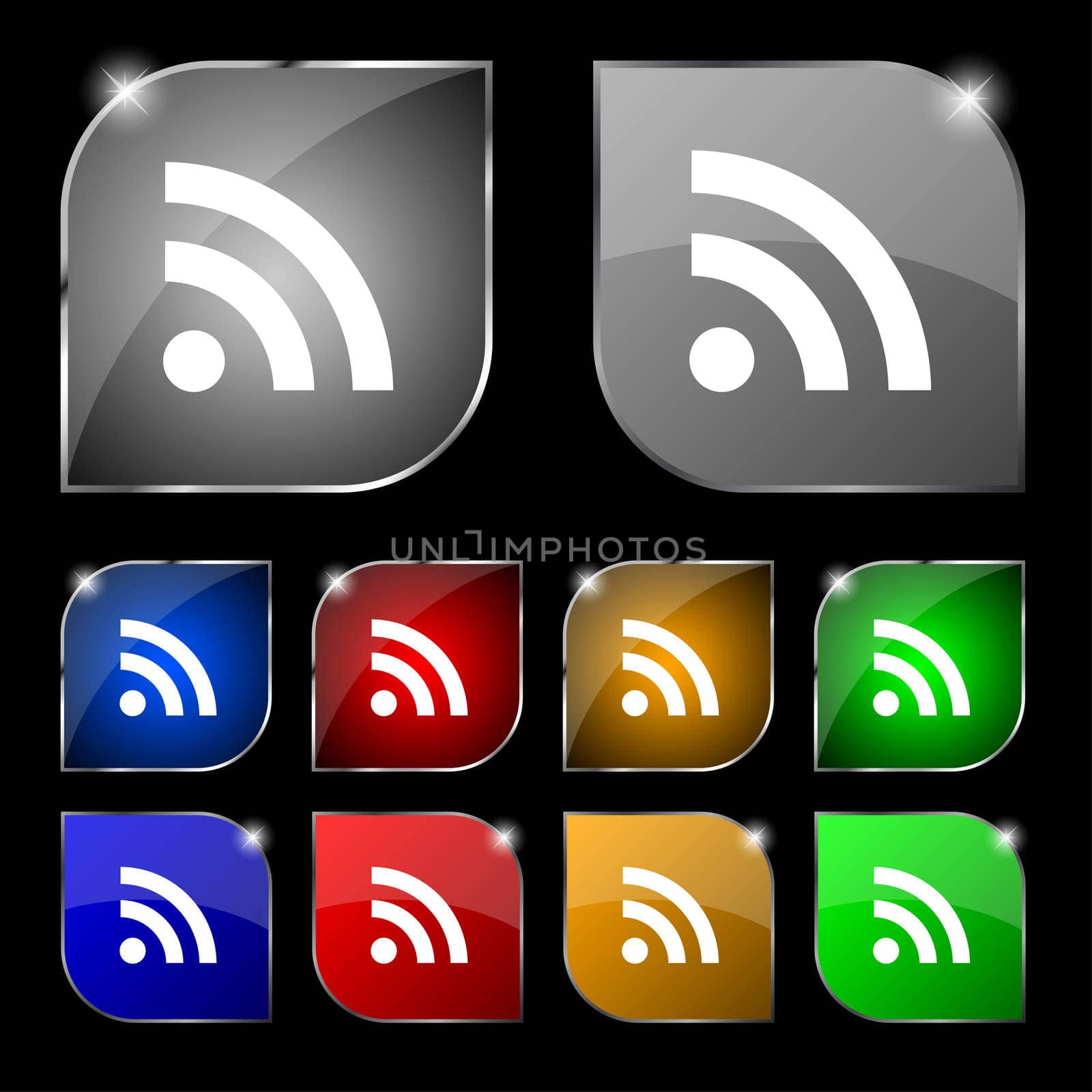 RSS feed icon sign. Set of ten colorful buttons with glare.  by serhii_lohvyniuk