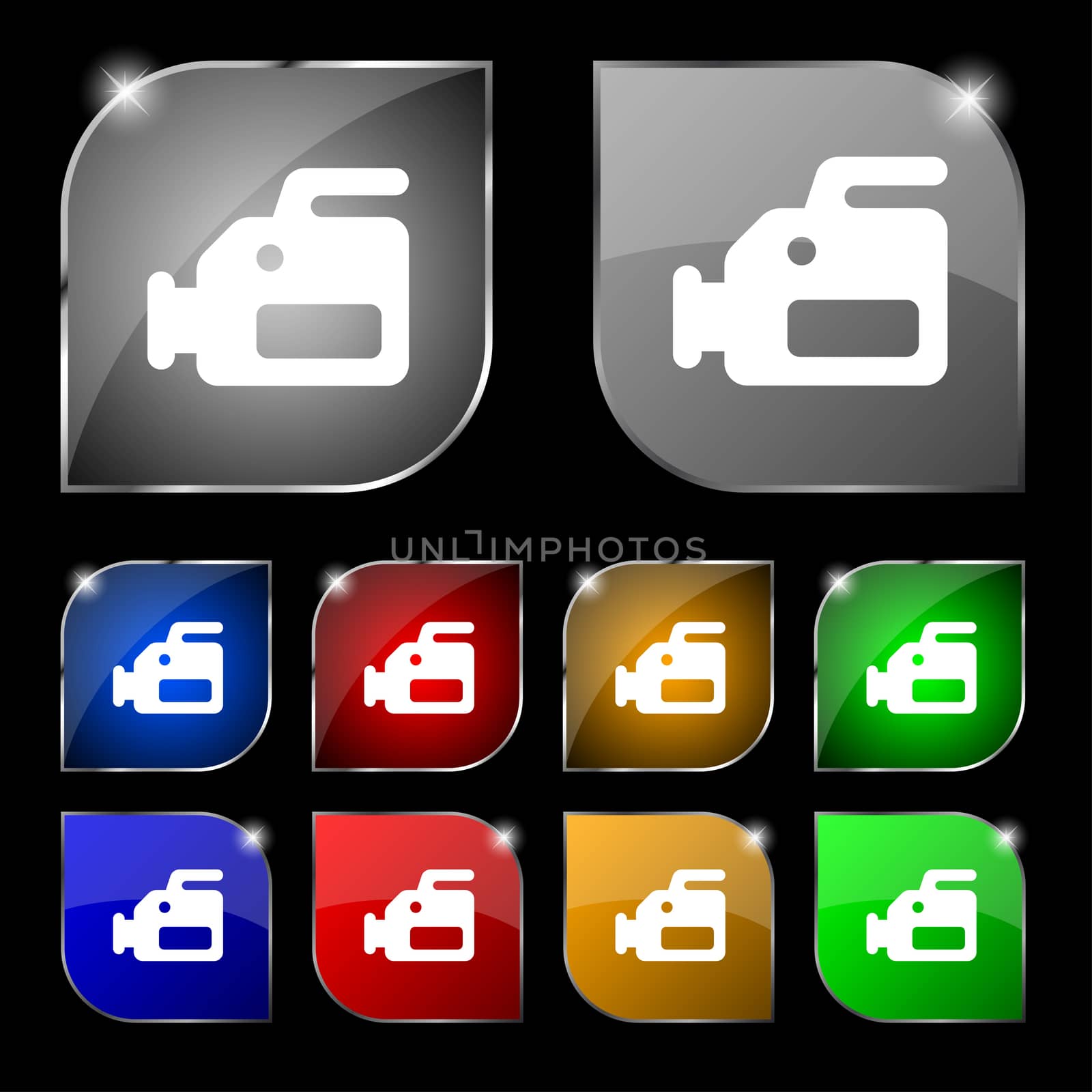 video camera icon sign. Set of ten colorful buttons with glare. illustration