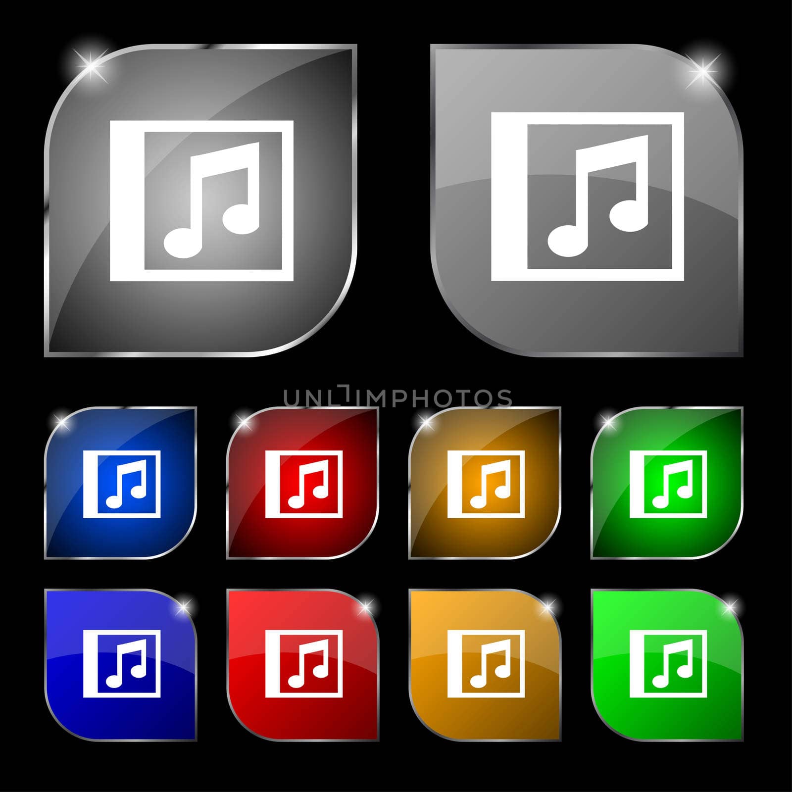 Audio, MP3 file icon sign. Set of ten colorful buttons with glare.  by serhii_lohvyniuk