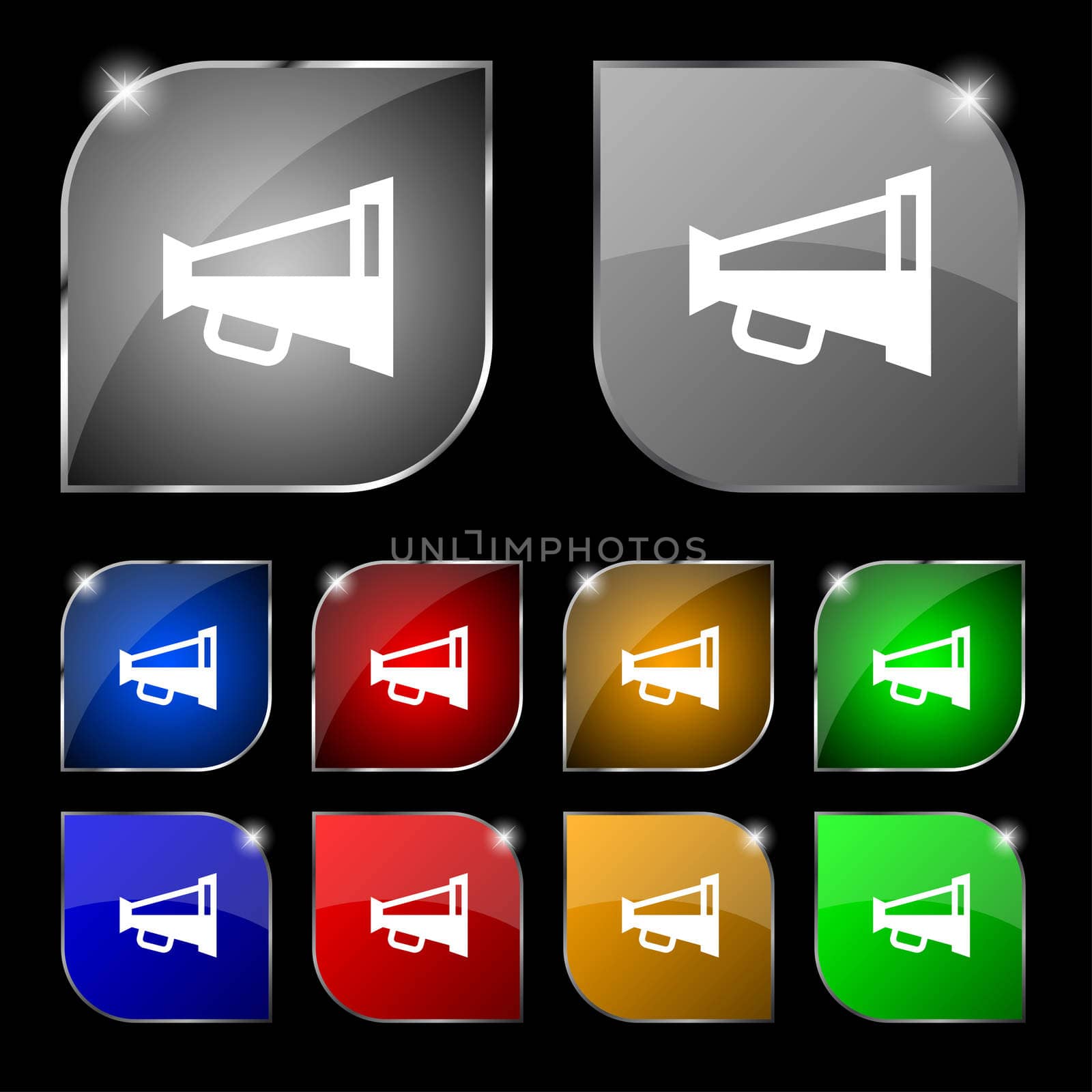 Megaphone soon, Loudspeaker icon sign. Set of ten colorful buttons with glare.  by serhii_lohvyniuk