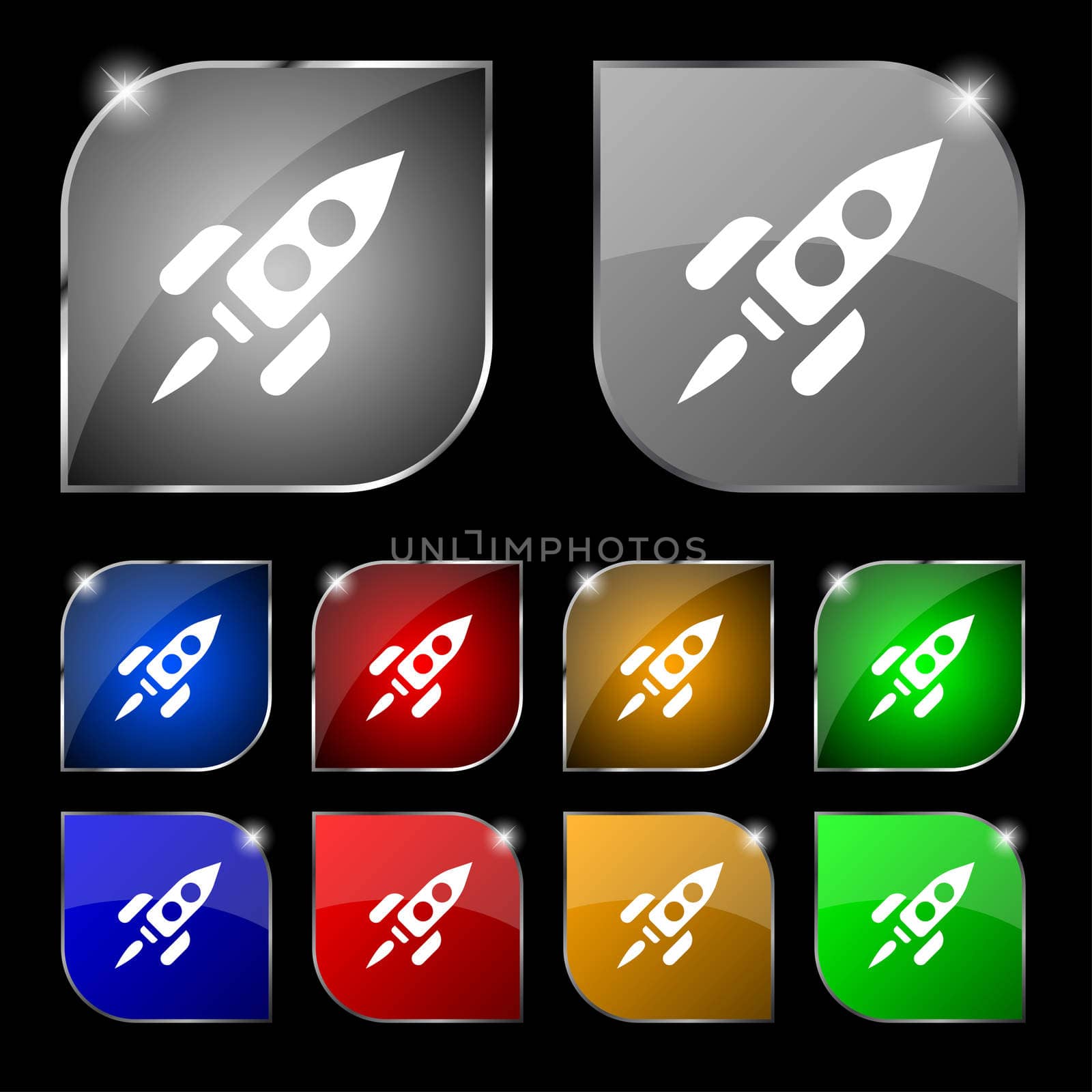 Rocket icon sign. Set of ten colorful buttons with glare.  by serhii_lohvyniuk