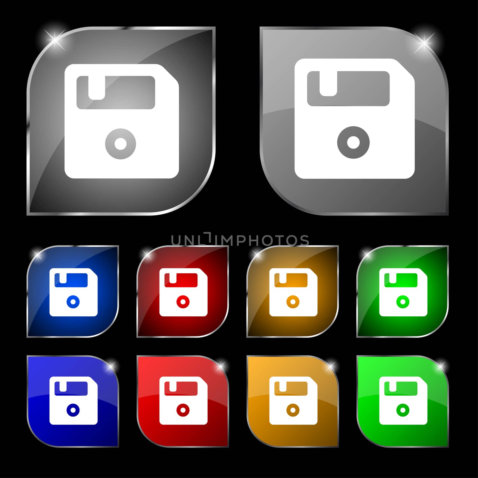 floppy icon sign. Set of ten colorful buttons with glare.  by serhii_lohvyniuk