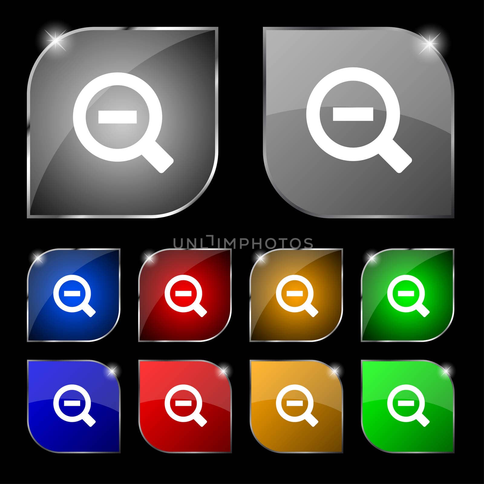 Magnifier glass, Zoom tool icon sign. Set of ten colorful buttons with glare.  by serhii_lohvyniuk