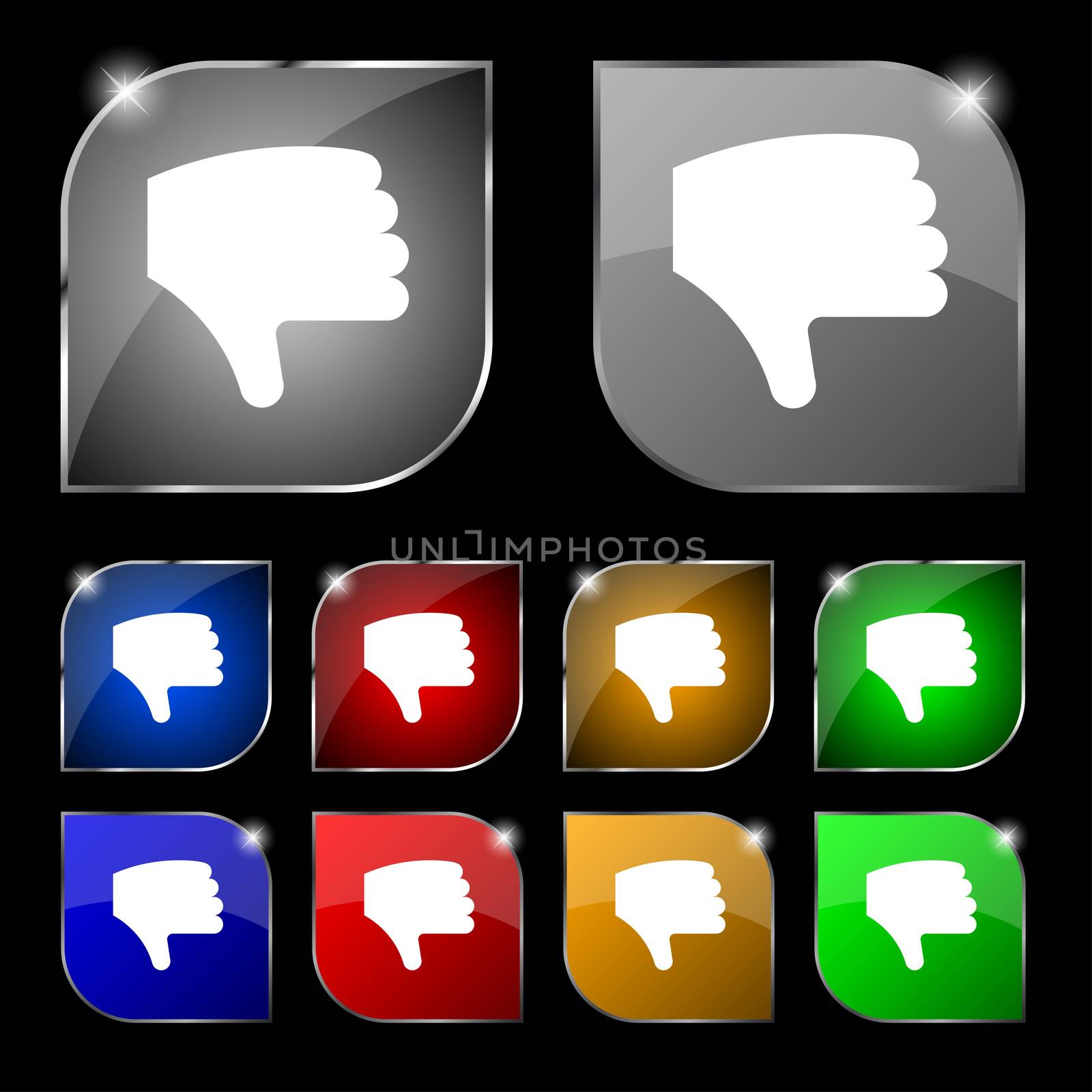 Dislike, Thumb down, Hand finger down icon sign. Set of ten colorful buttons with glare.  by serhii_lohvyniuk