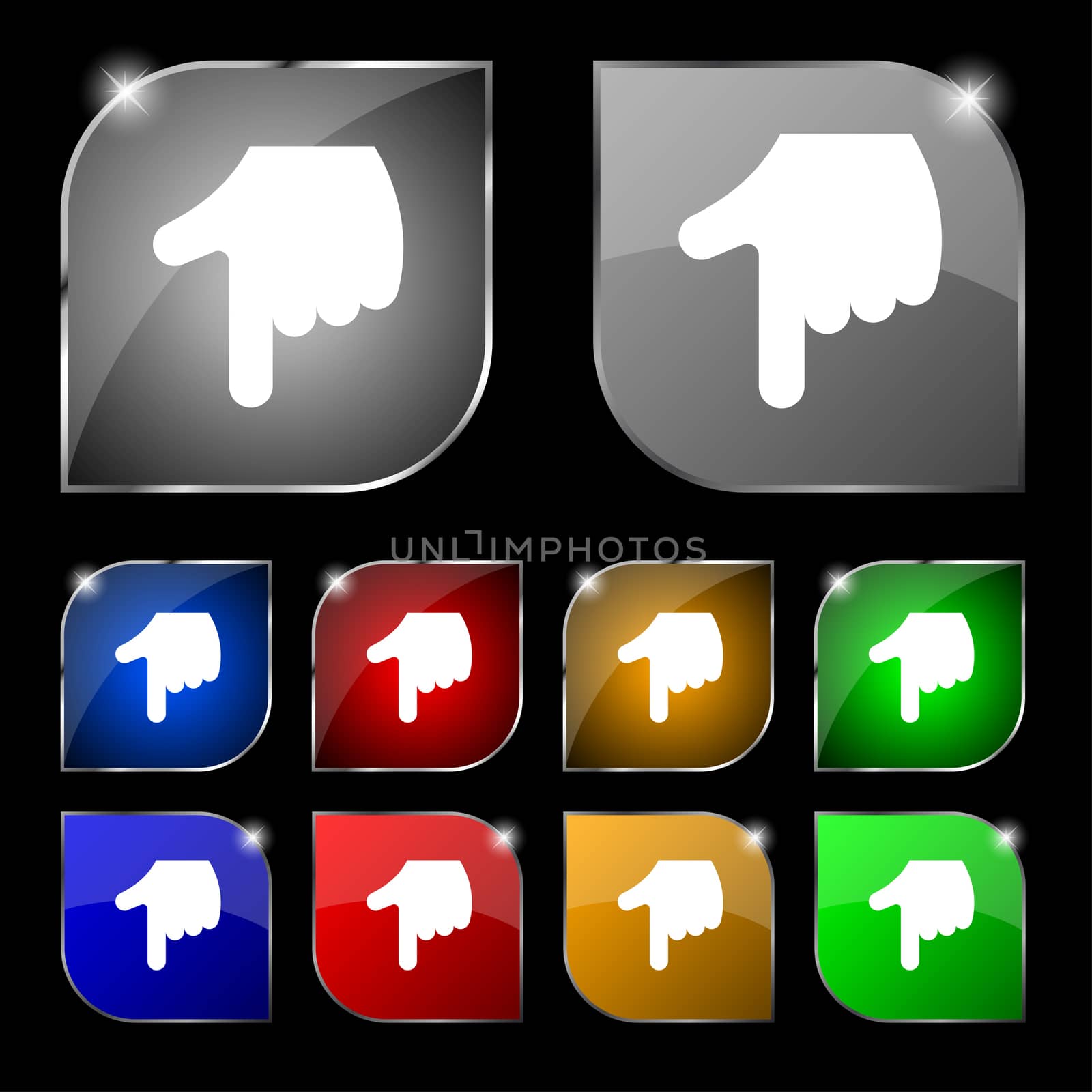 pointing hand icon sign. Set of ten colorful buttons with glare.  by serhii_lohvyniuk
