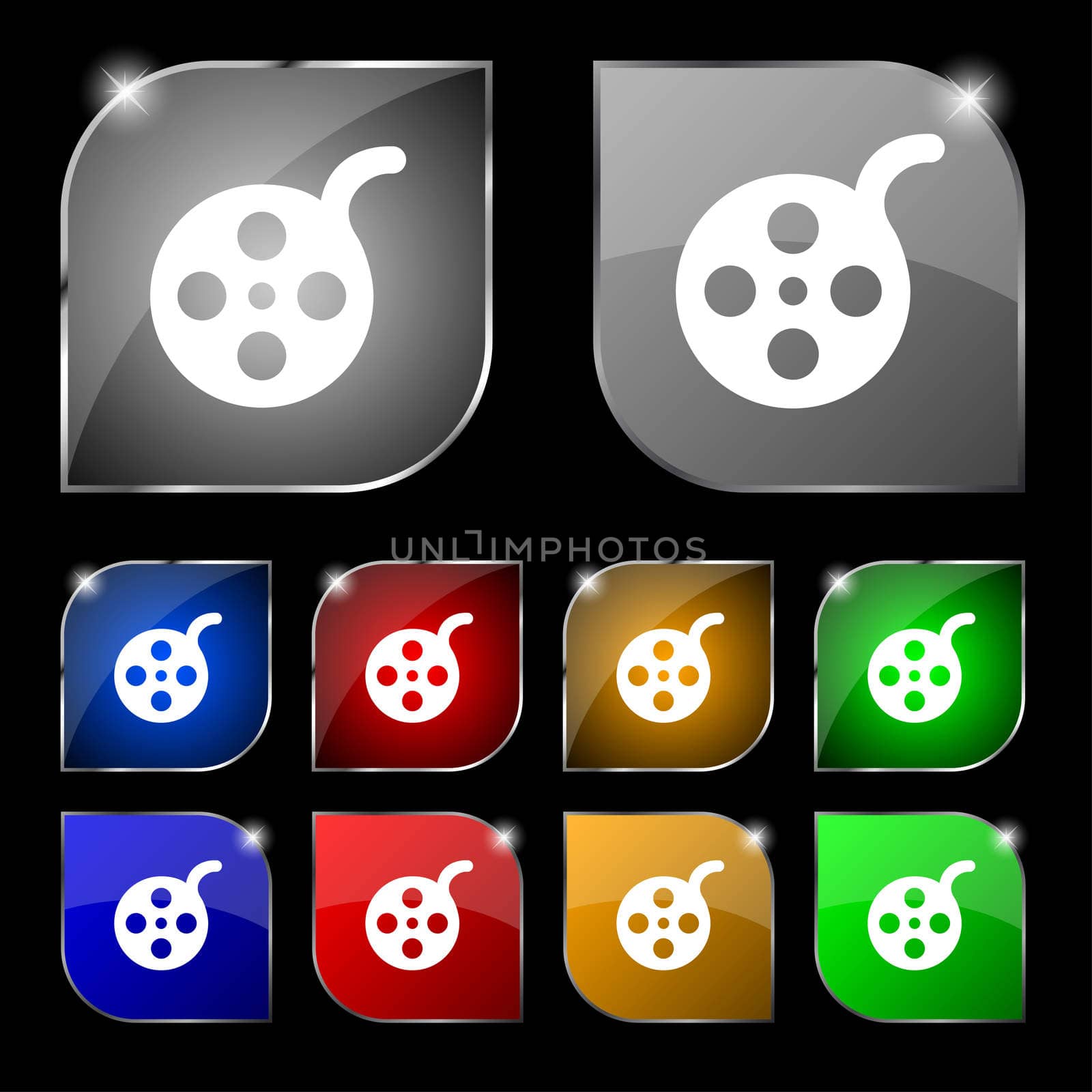 Film icon sign. Set of ten colorful buttons with glare.  by serhii_lohvyniuk