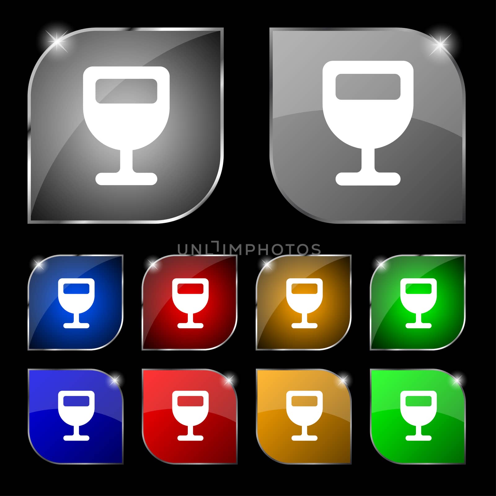 Wine glass, Alcohol drink icon sign. Set of ten colorful buttons with glare.  by serhii_lohvyniuk