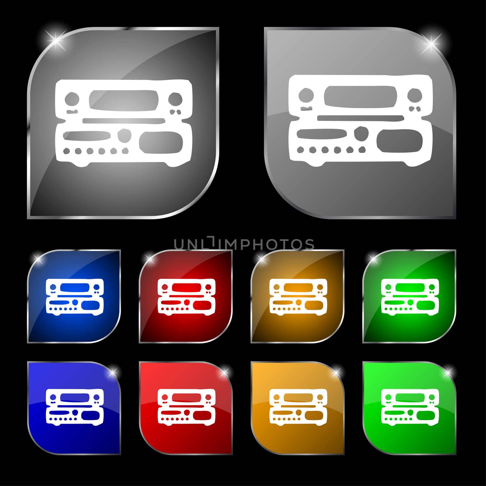 radio, receiver, amplifier icon sign. Set of ten colorful buttons with glare.  by serhii_lohvyniuk