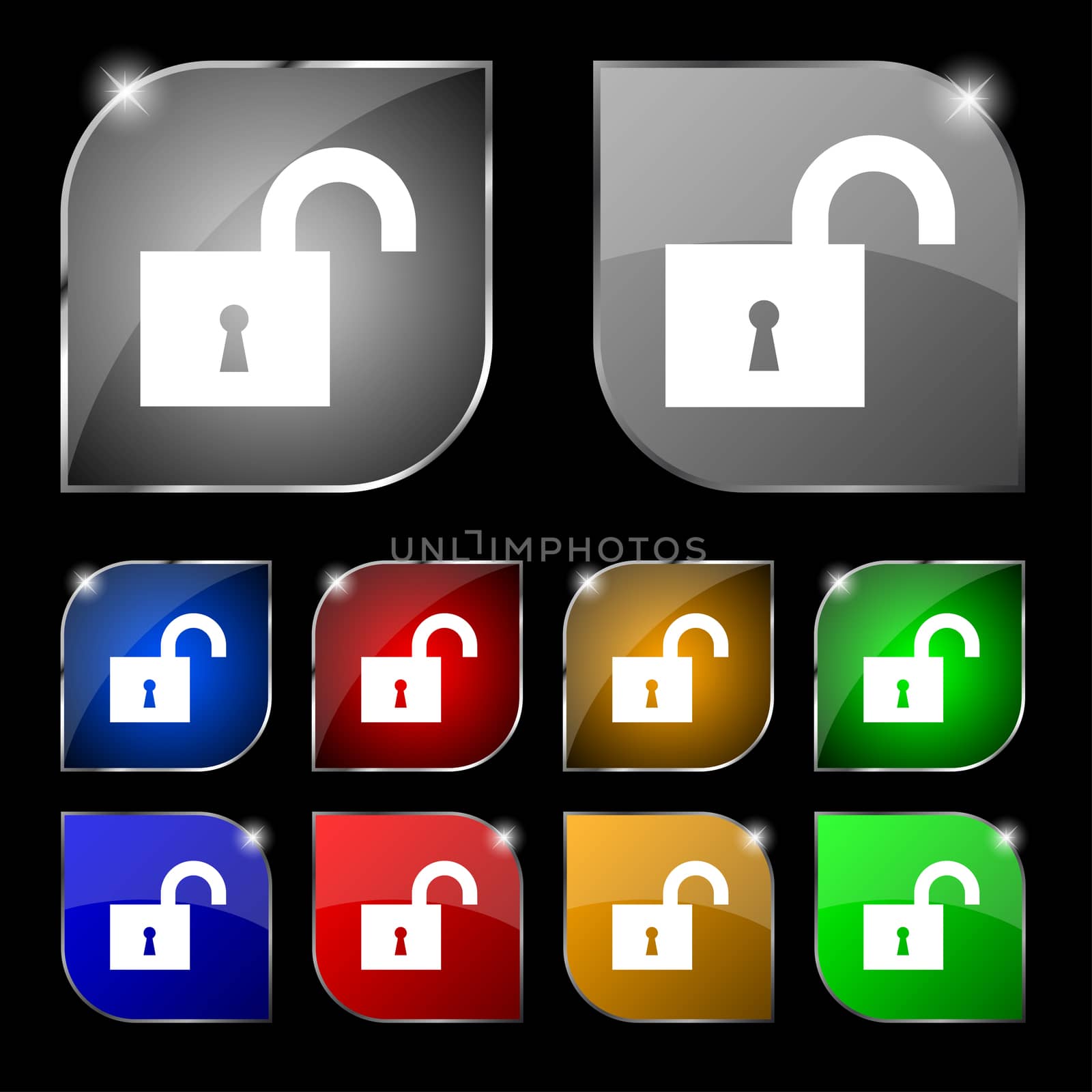 open lock icon sign. Set of ten colorful buttons with glare.  by serhii_lohvyniuk