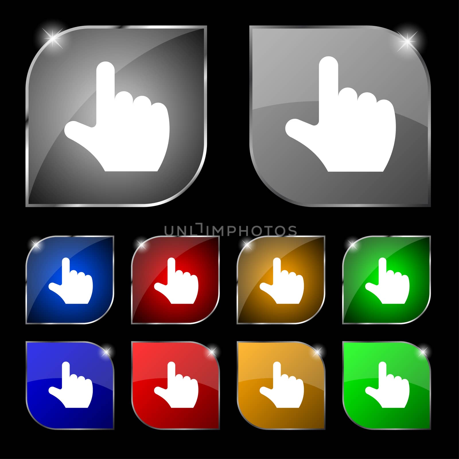 pointing hand icon sign. Set of ten colorful buttons with glare.  by serhii_lohvyniuk